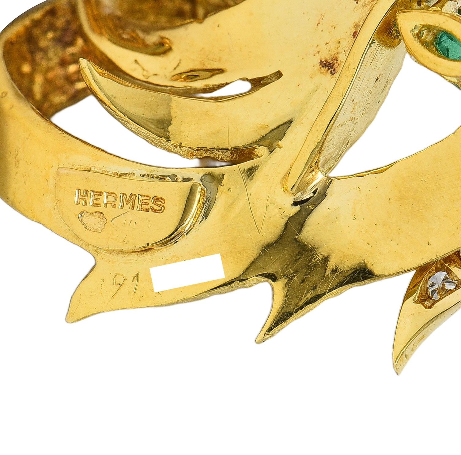 Hermès 1960's Emerald Diamond 18 Karat Yellow Gold Vintage Mistigri Cat Brooch