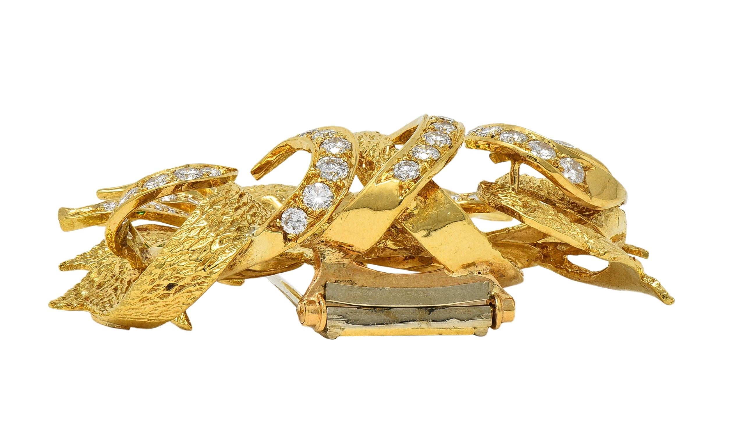 Hermès 1960's Emerald Diamond 18 Karat Yellow Gold Vintage Mistigri Cat Brooch
