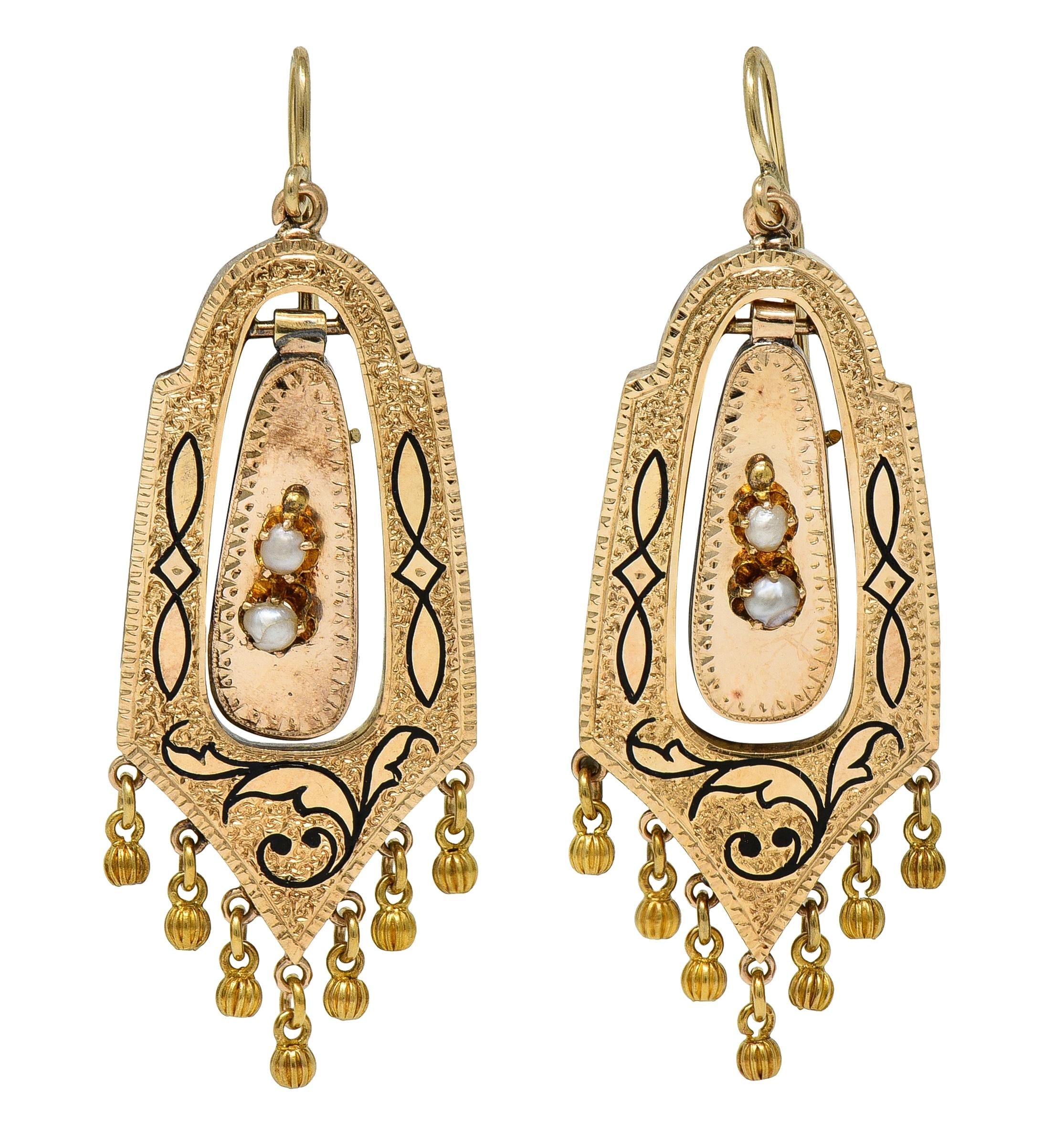 Victorian Etruscan Revival Enamel Pearl 14K Gold Antique Foliate Drop Earrings