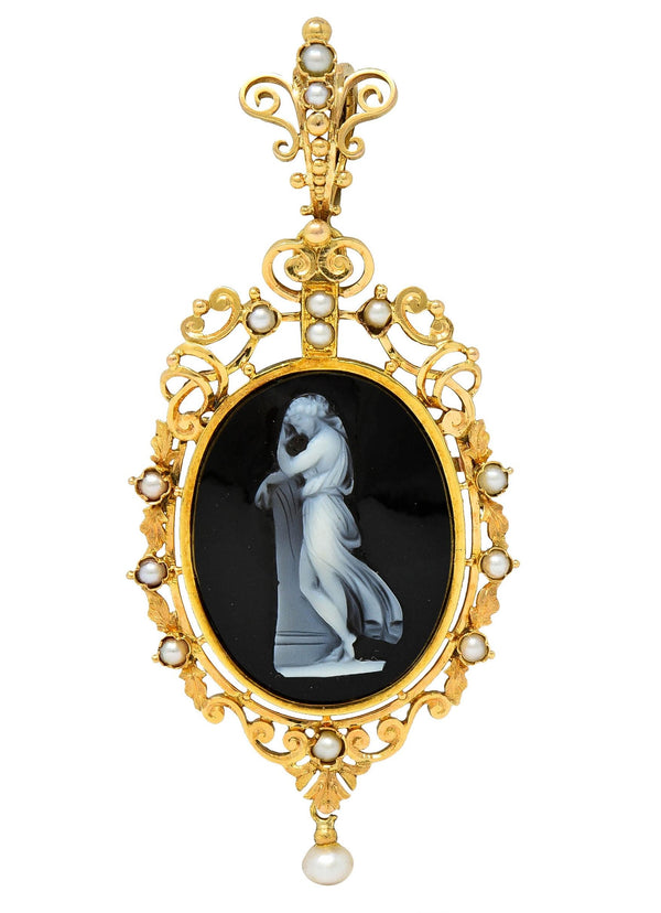 French Victorian Pearl Carved Agate Onyx 18 Karat Gold Antique Pendant Brooch