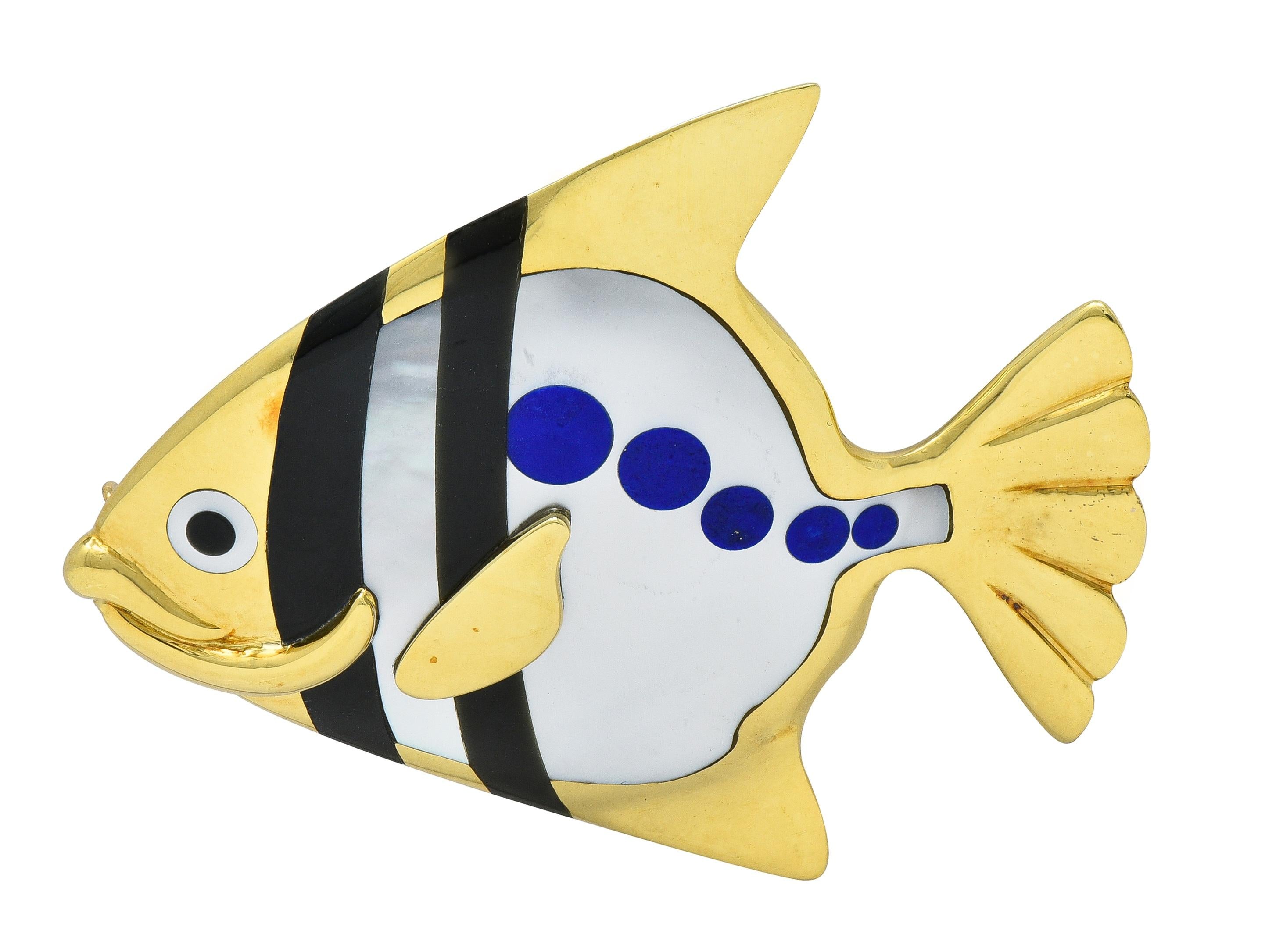 Angela Cummings Tiffany & Co. 1970 Inlaid Multi-Gem 18K Gold Angel Fish Brooch