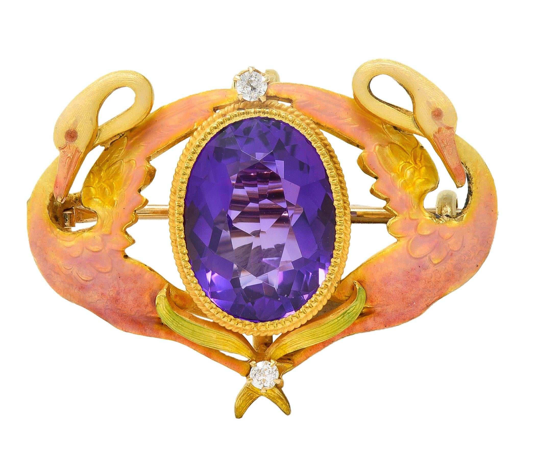 Art Nouveau Diamond Amethyst Enamel 18K Yellow Gold Antique Swan Pendant Brooch
