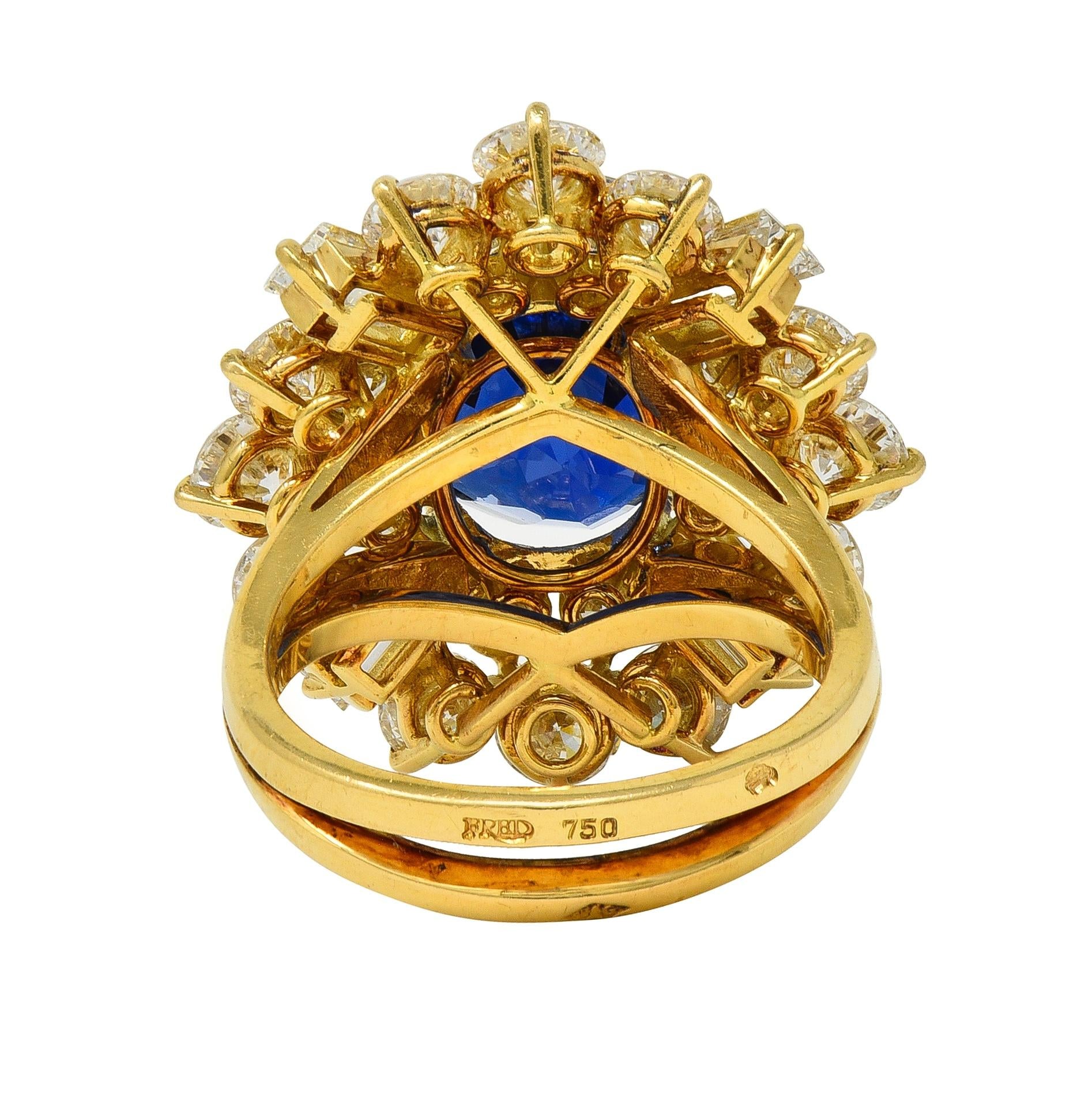 Fred Paris French 13.56 CTW No Heat Ceylon Sapphire Diamond 18K Yellow Gold Ring
