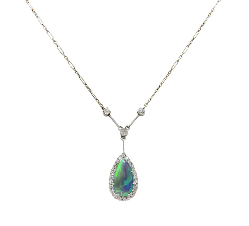 Art Deco Diamond Pear Shaped Black Opal Platinum Vintage Drop Necklace