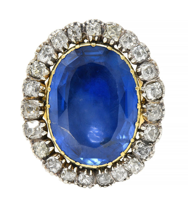 Georgian 13.01 CTW No Heat Burma Sapphire Diamond Silver 14 Karat Gold Ring