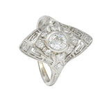 Art Deco Diamond 18 Karat White Gold Greek Key Vintage Navette Dinner Ring