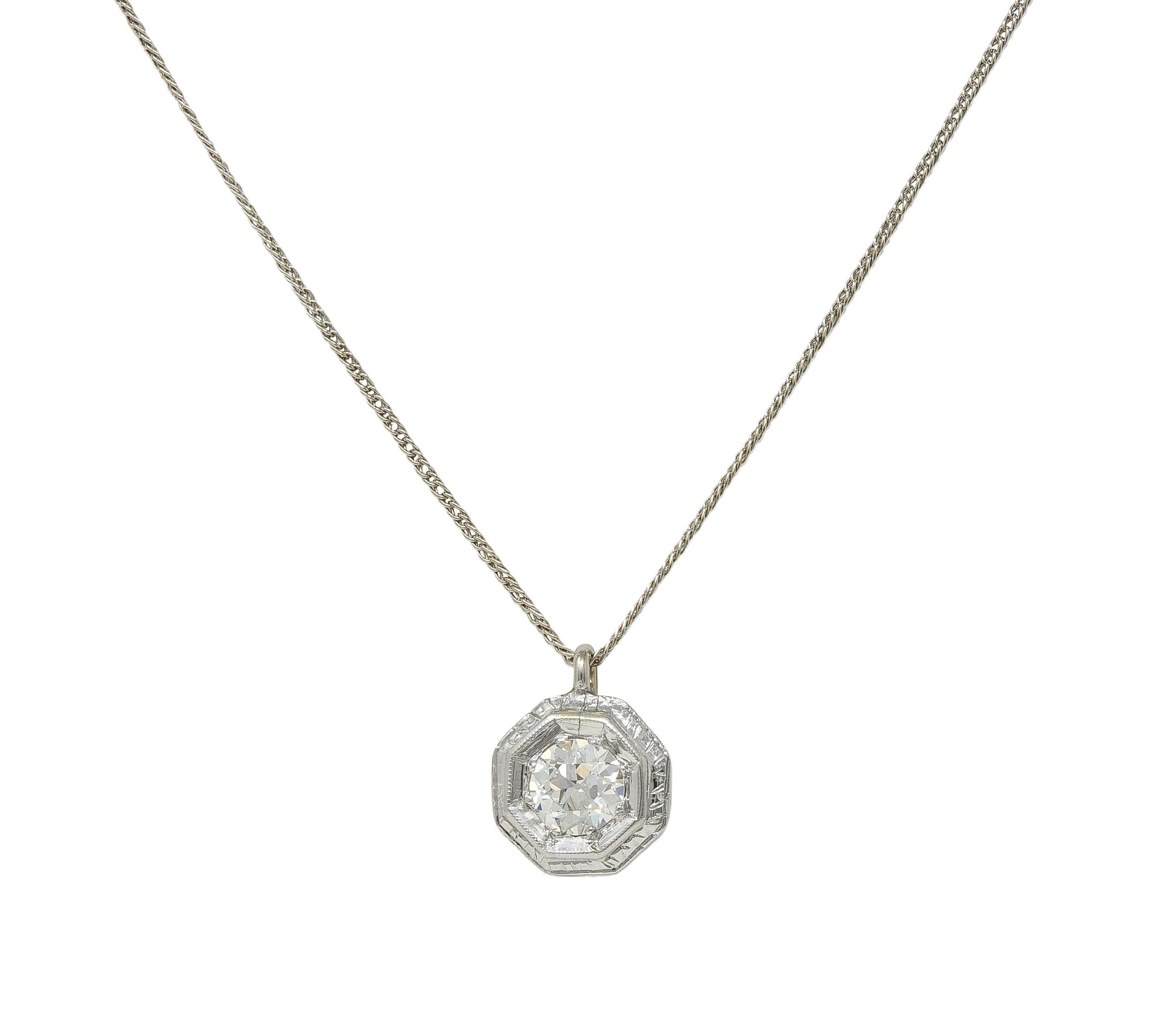 Art Deco Old European Cut Diamond 18 Karat White Gold Vintage Pendant Necklace