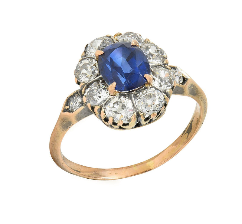 Victorian 2.18 CTW No Heat Burma Sapphire Diamond 18 Karat Rose Gold Halo Ring