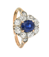 Victorian 2.18 CTW No Heat Burma Sapphire Diamond 18 Karat Rose Gold Halo Ring