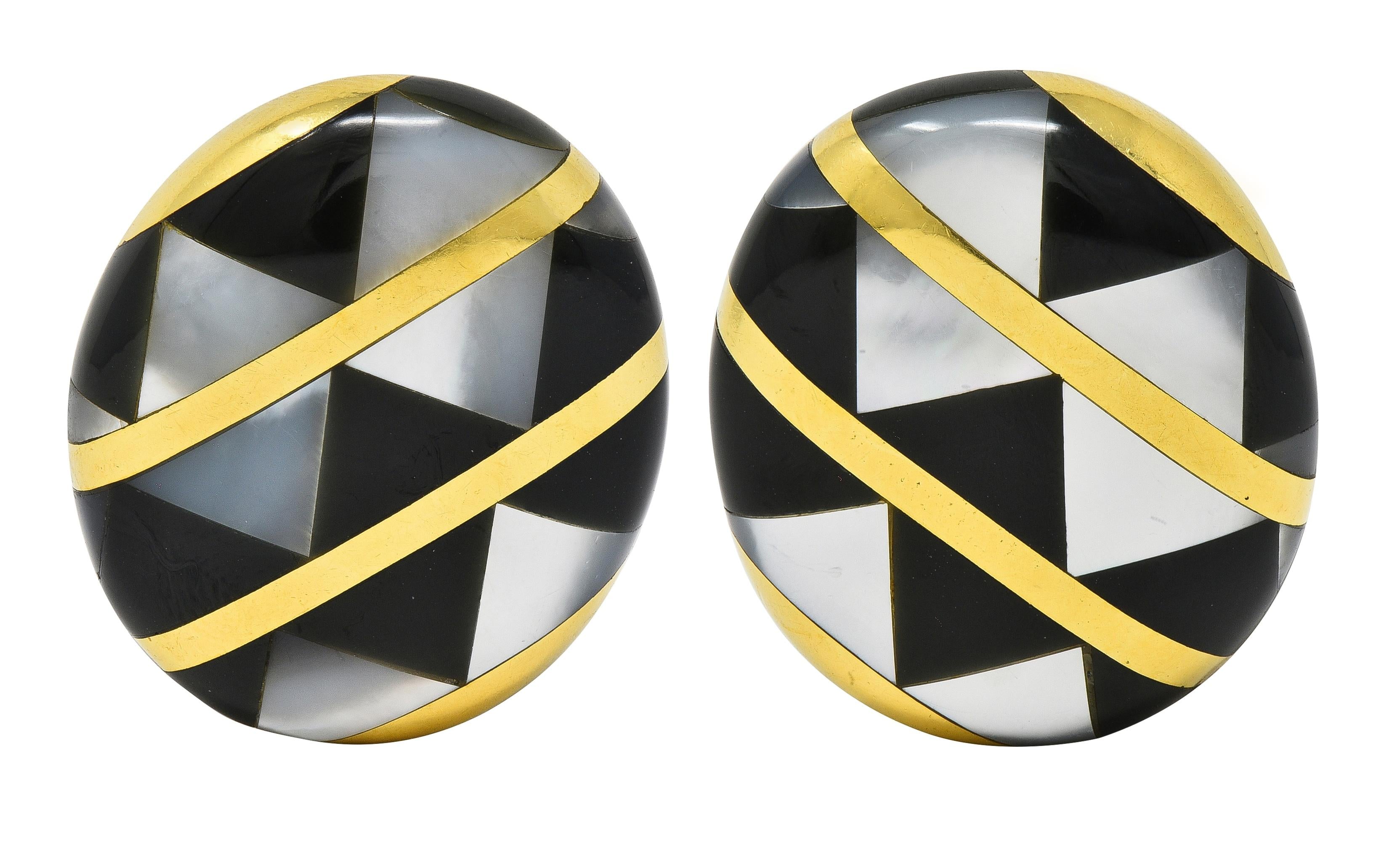 Tiffany & Co. 1980 Mother-Of-Pearl Onyx 18K Gold Vintage Inlay Ear-Clip Earrings