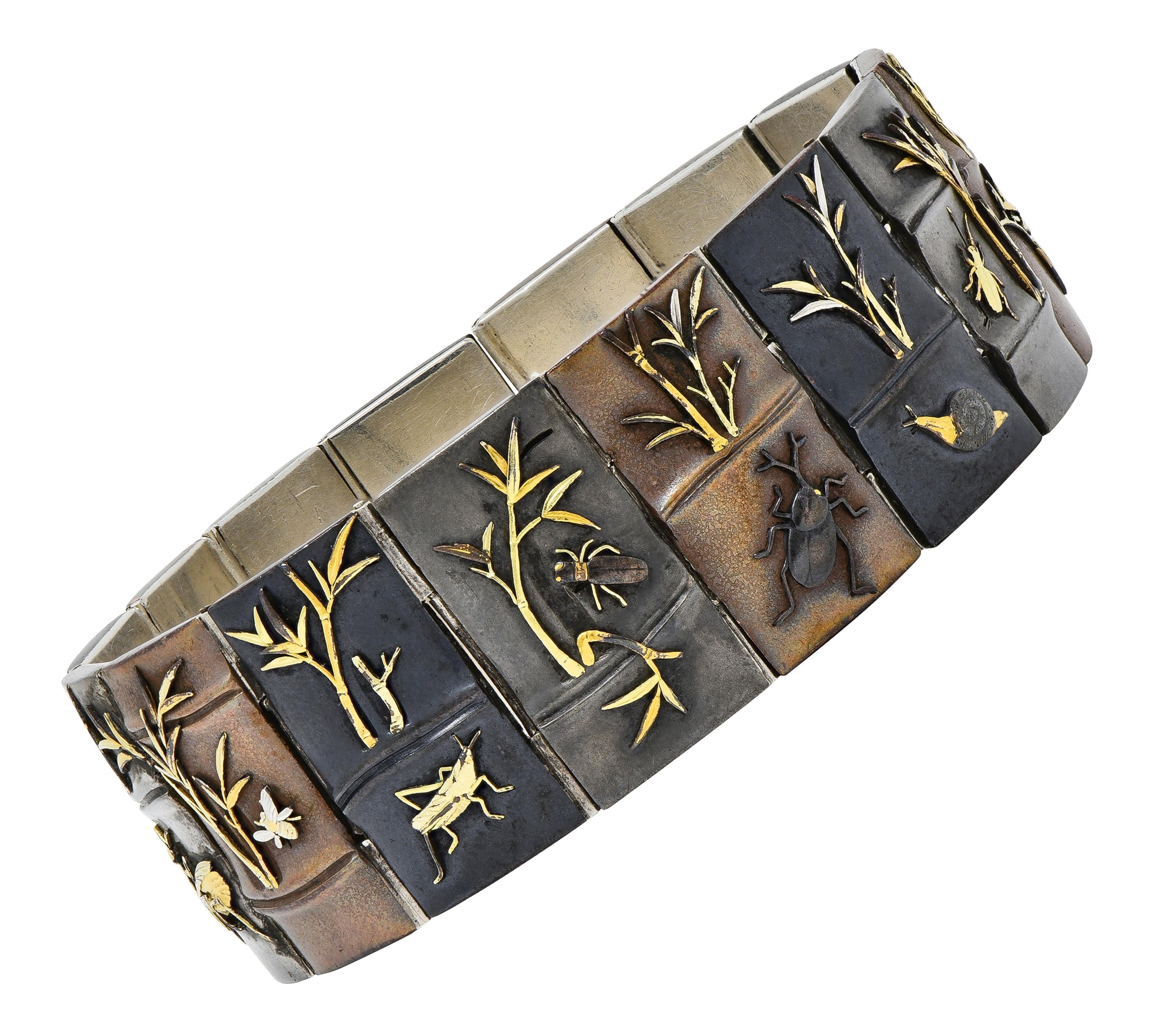 Victorian Japanese Shakudo Sterling Silver Gold Antique Bug Panel Link Bracelet