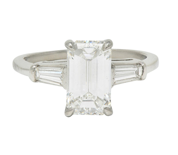 Mid-Century 2.56 CTW Emerald Diamond Platinum 3 Stone Vintage Engagement Ring