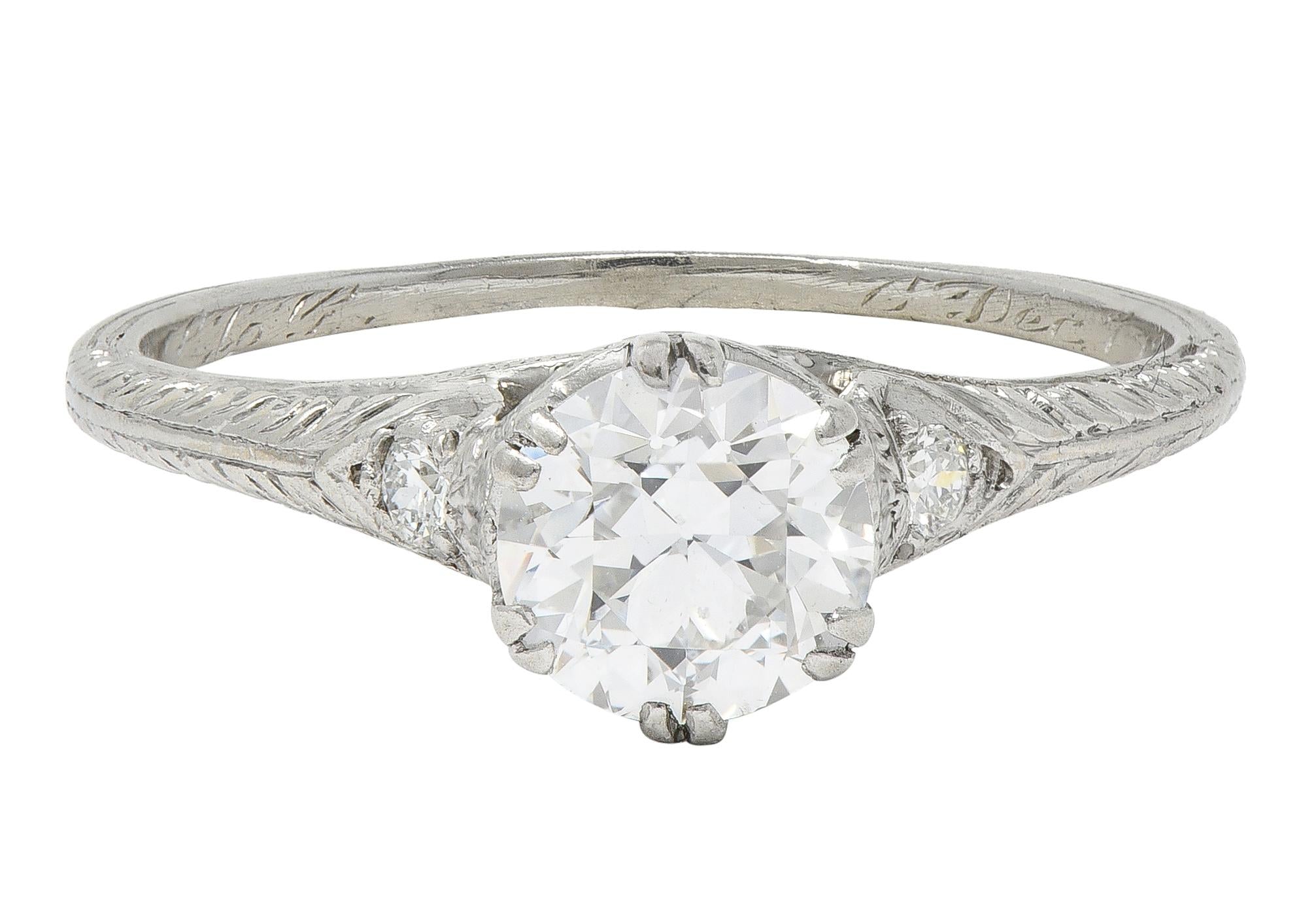Art Deco 1929 Old European Cut Diamond Platinum Vintage Feather Engagement Ring