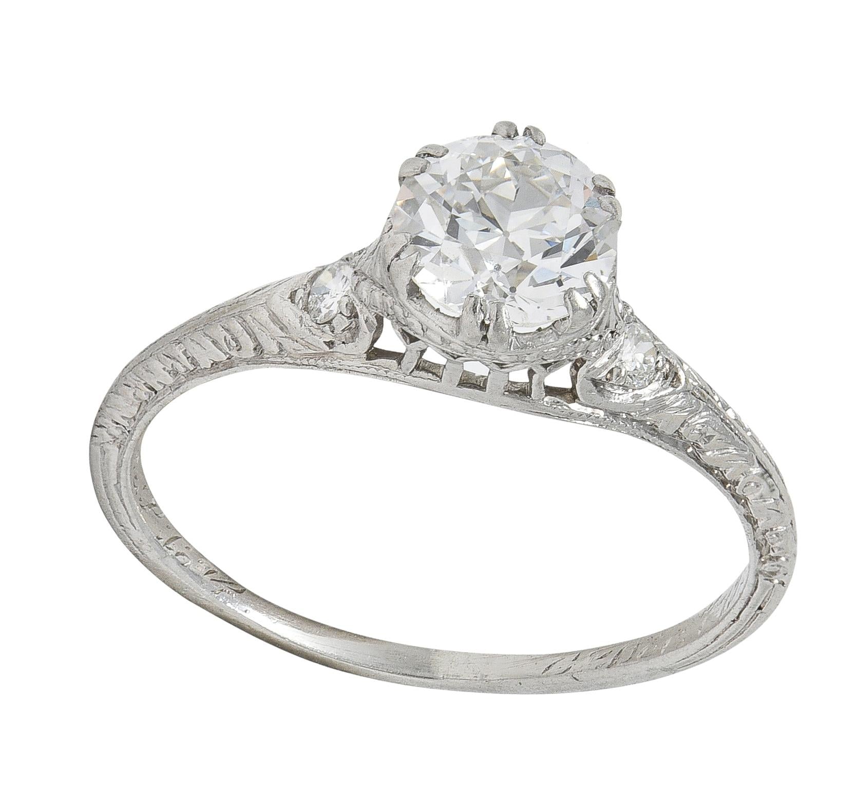 Art Deco 1929 Old European Cut Diamond Platinum Vintage Feather Engagement Ring