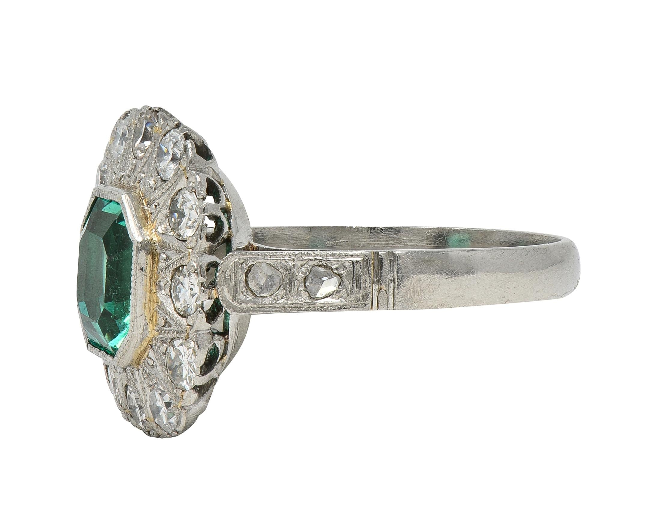Art Deco 3.05 CTW No Oil Colombian Emerald Diamond Platinum Vintage Halo Ring