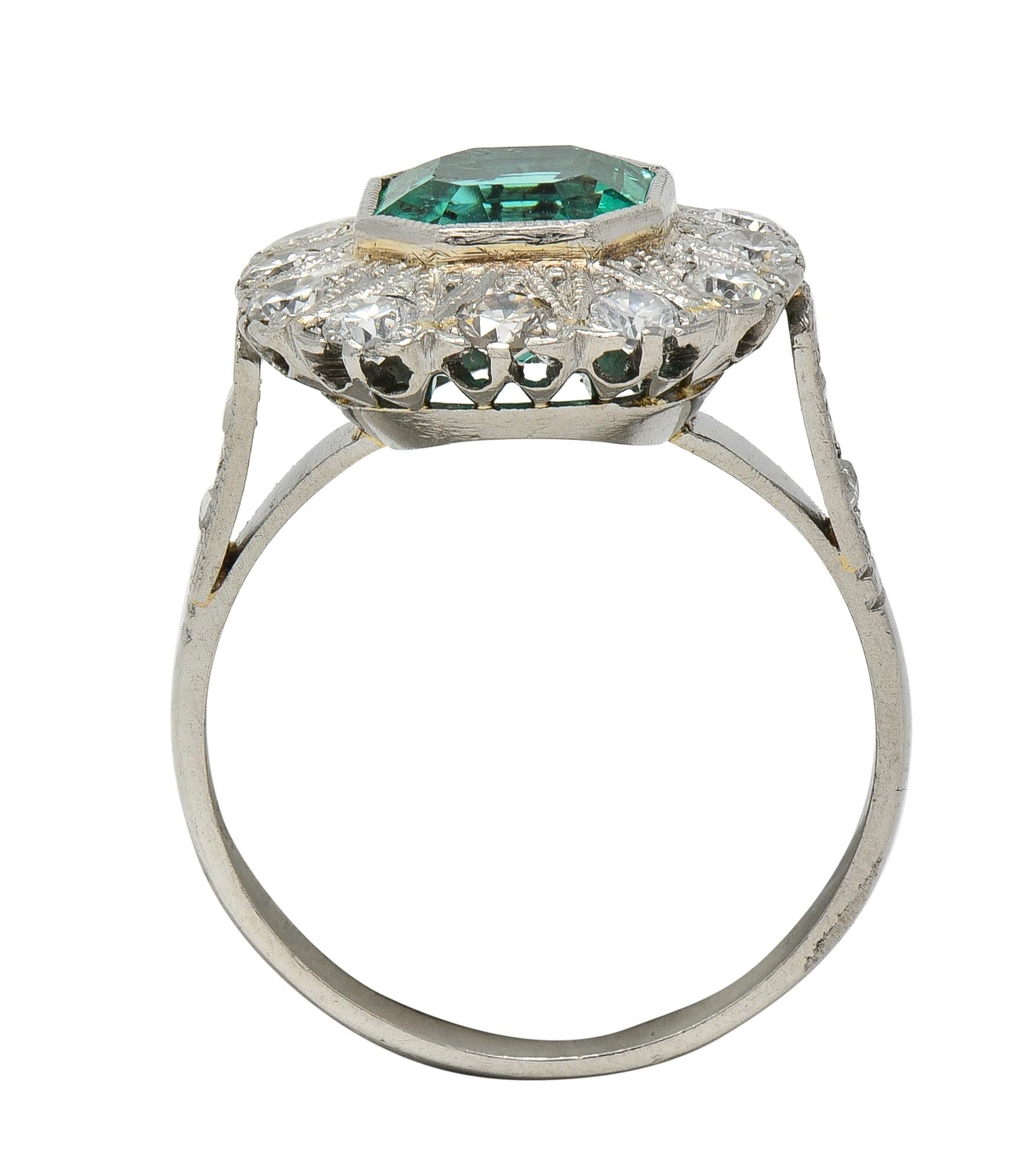 Art Deco 3.05 CTW No Oil Colombian Emerald Diamond Platinum Vintage Halo Ring