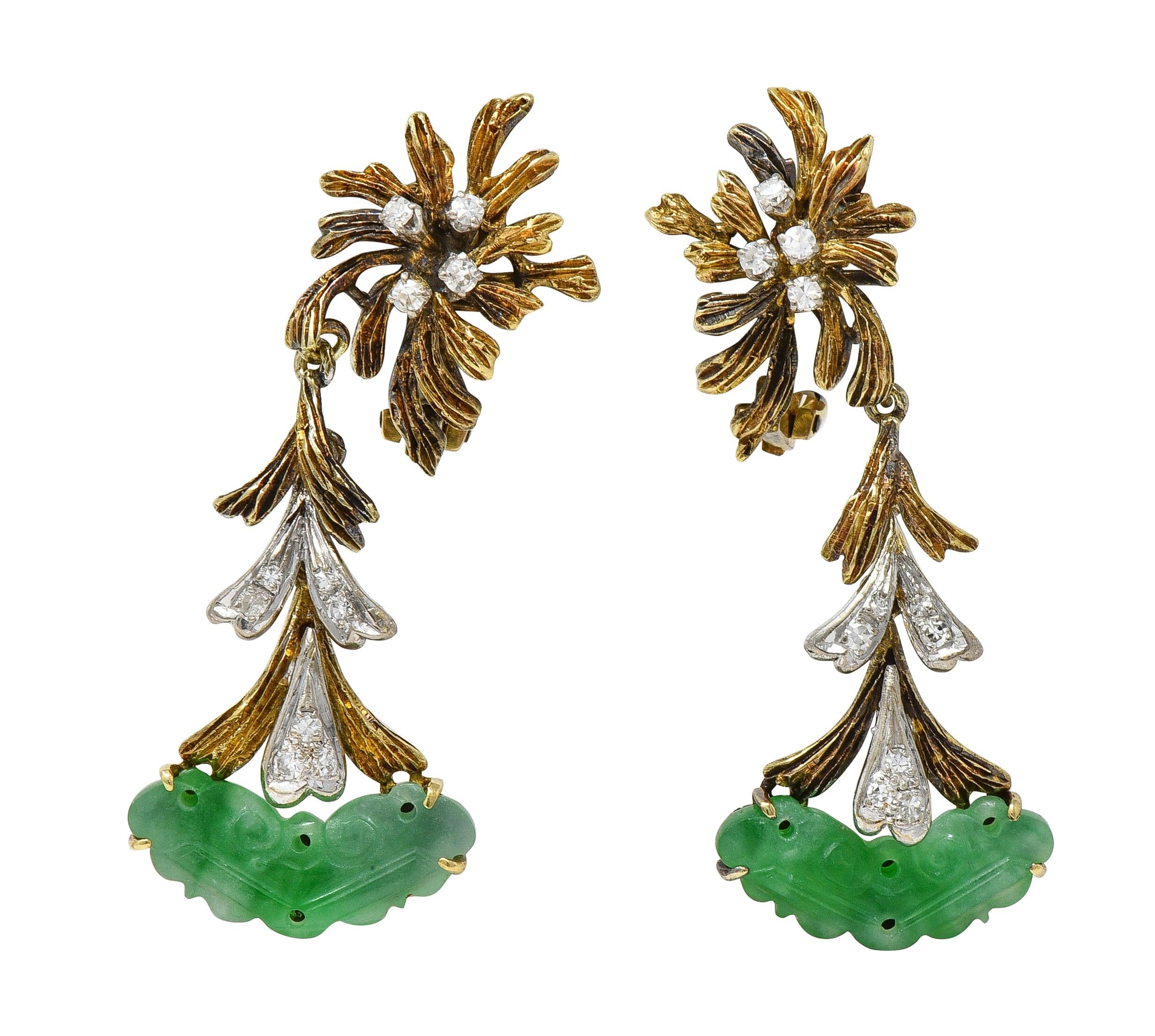 1950's Diamond Jade 14K Two-Tone Gold Vintage Burst Foliate Dop Ear-Clip Earring