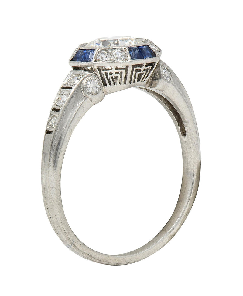 Art Deco 1.38 CTW Old European Diamond Sapphire Platinum Vintage Engagement Ring