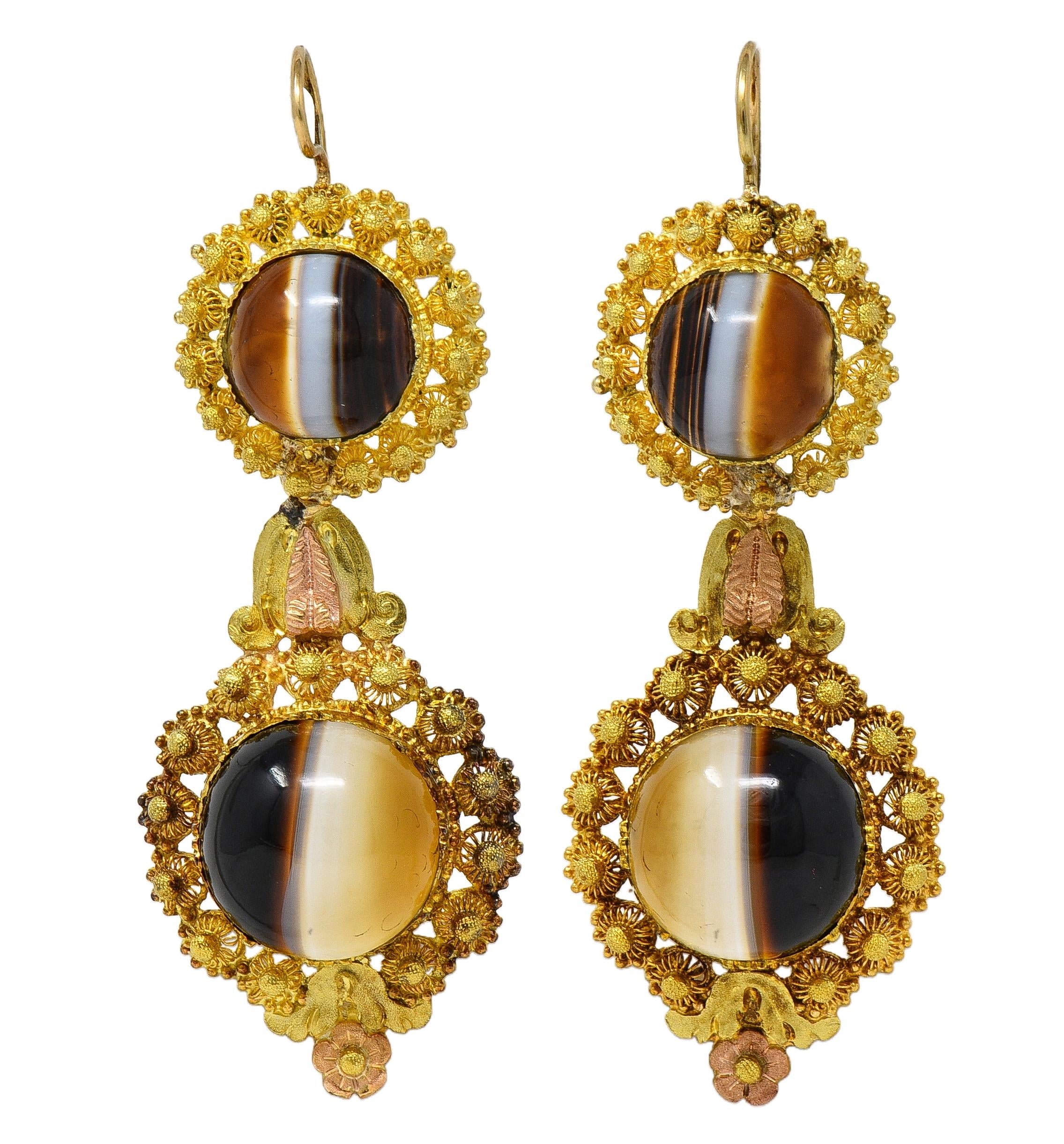 Victorian Etruscan Revival Banded Agate 18K Gold Antique Day-To-Night Earrings