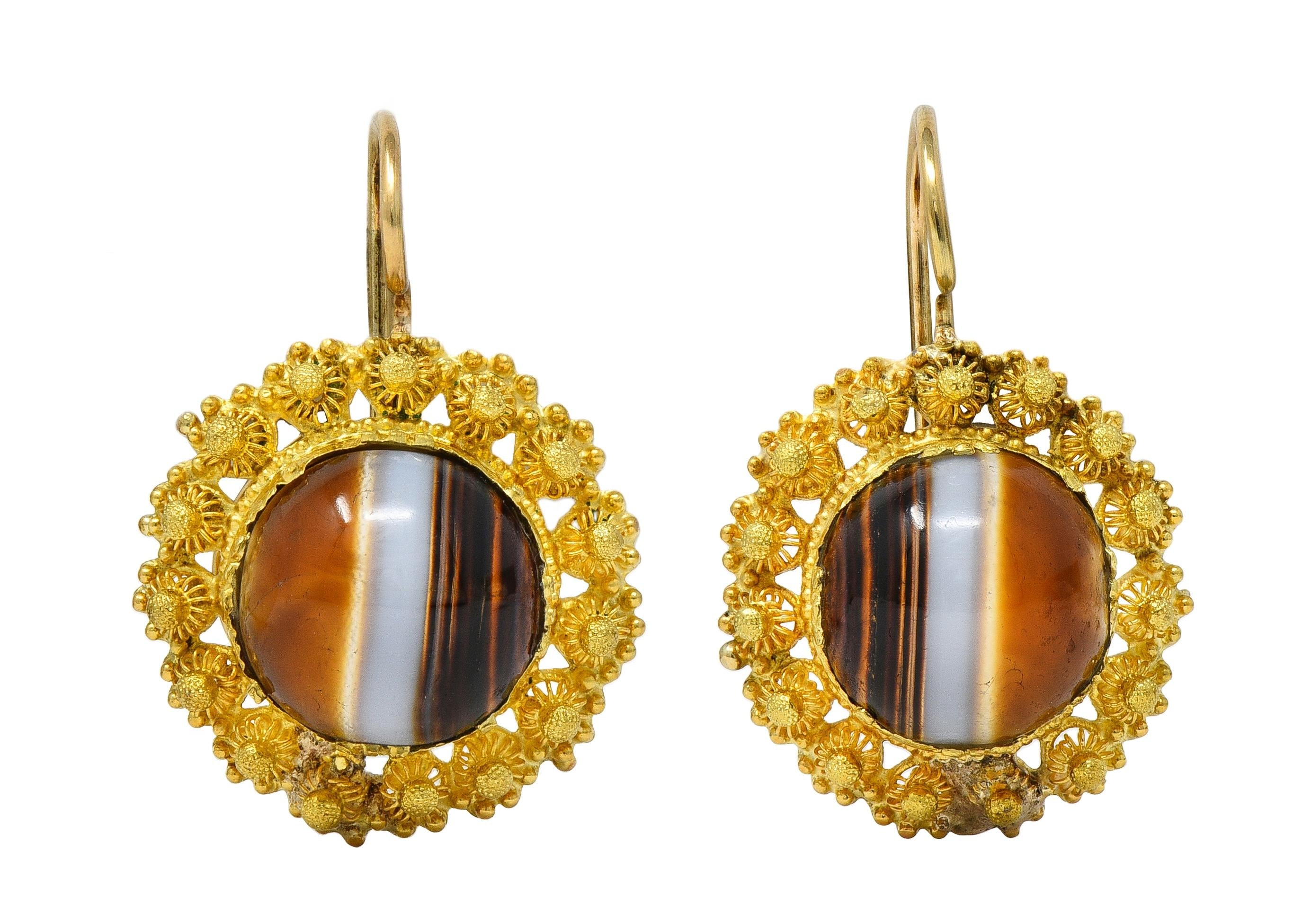Victorian Etruscan Revival Banded Agate 18K Gold Antique Day-To-Night Earrings