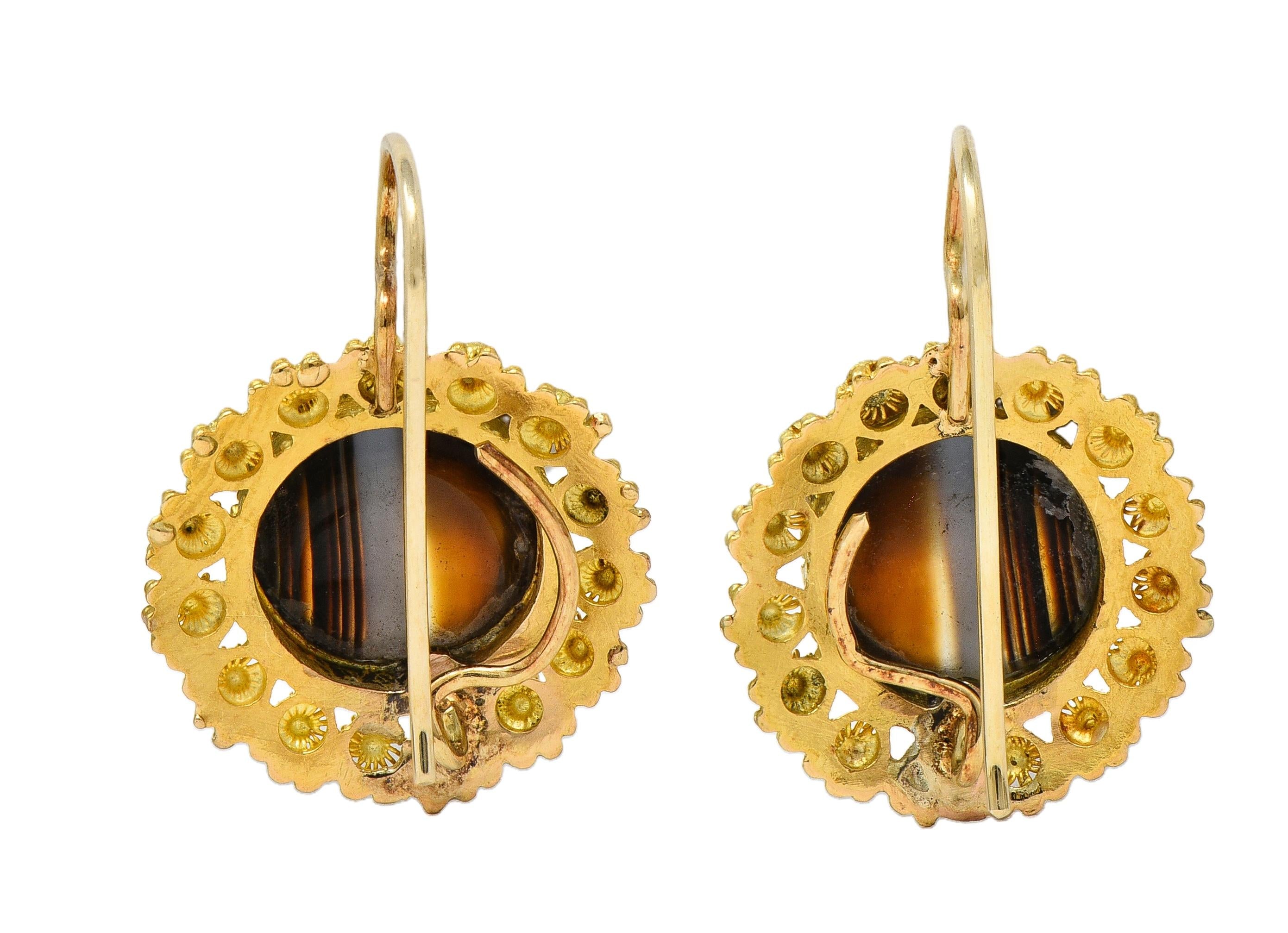 Victorian Etruscan Revival Banded Agate 18K Gold Antique Day-To-Night Earrings