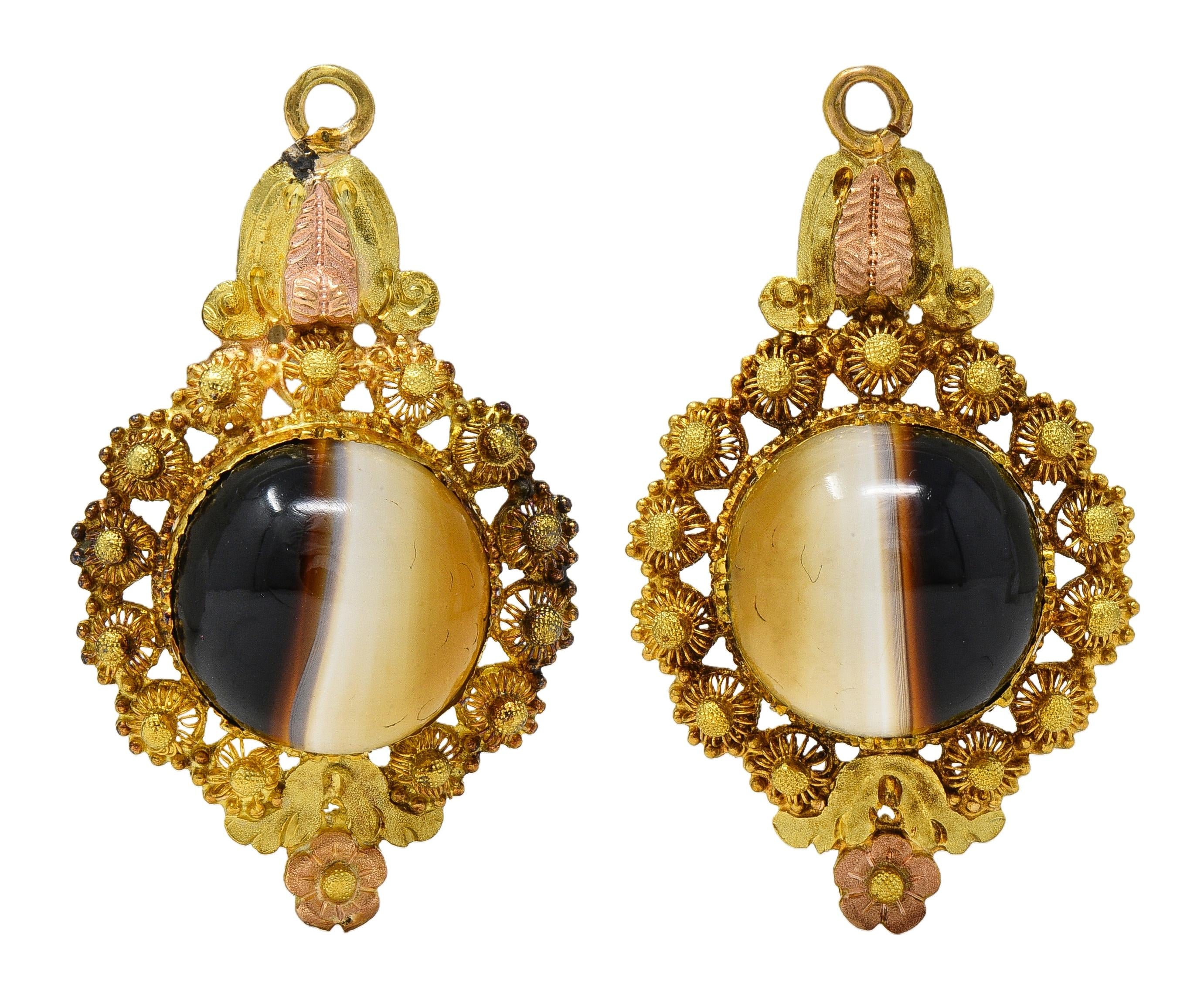 Victorian Etruscan Revival Banded Agate 18K Gold Antique Day-To-Night Earrings