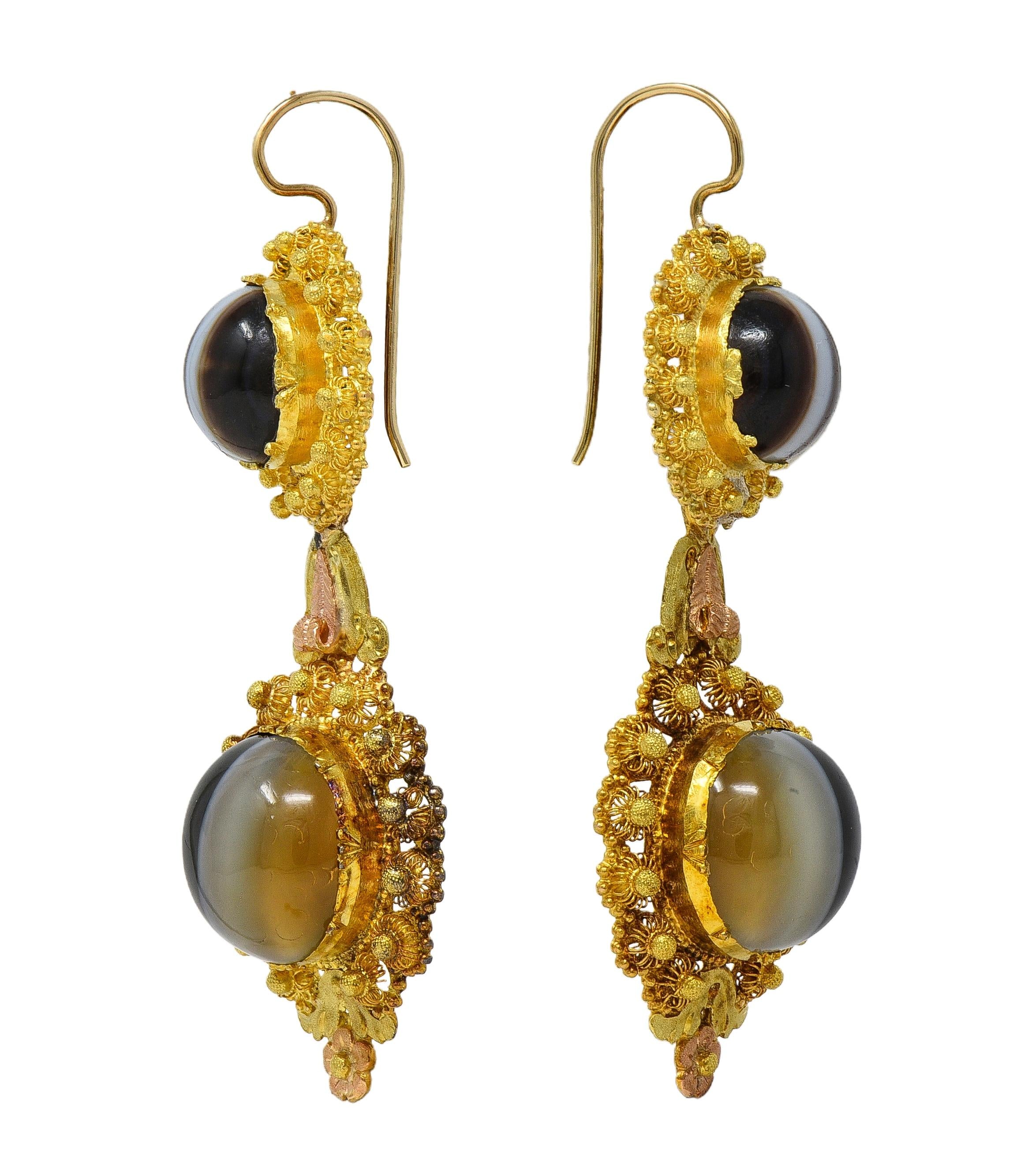 Victorian Etruscan Revival Banded Agate 18K Gold Antique Day-To-Night Earrings