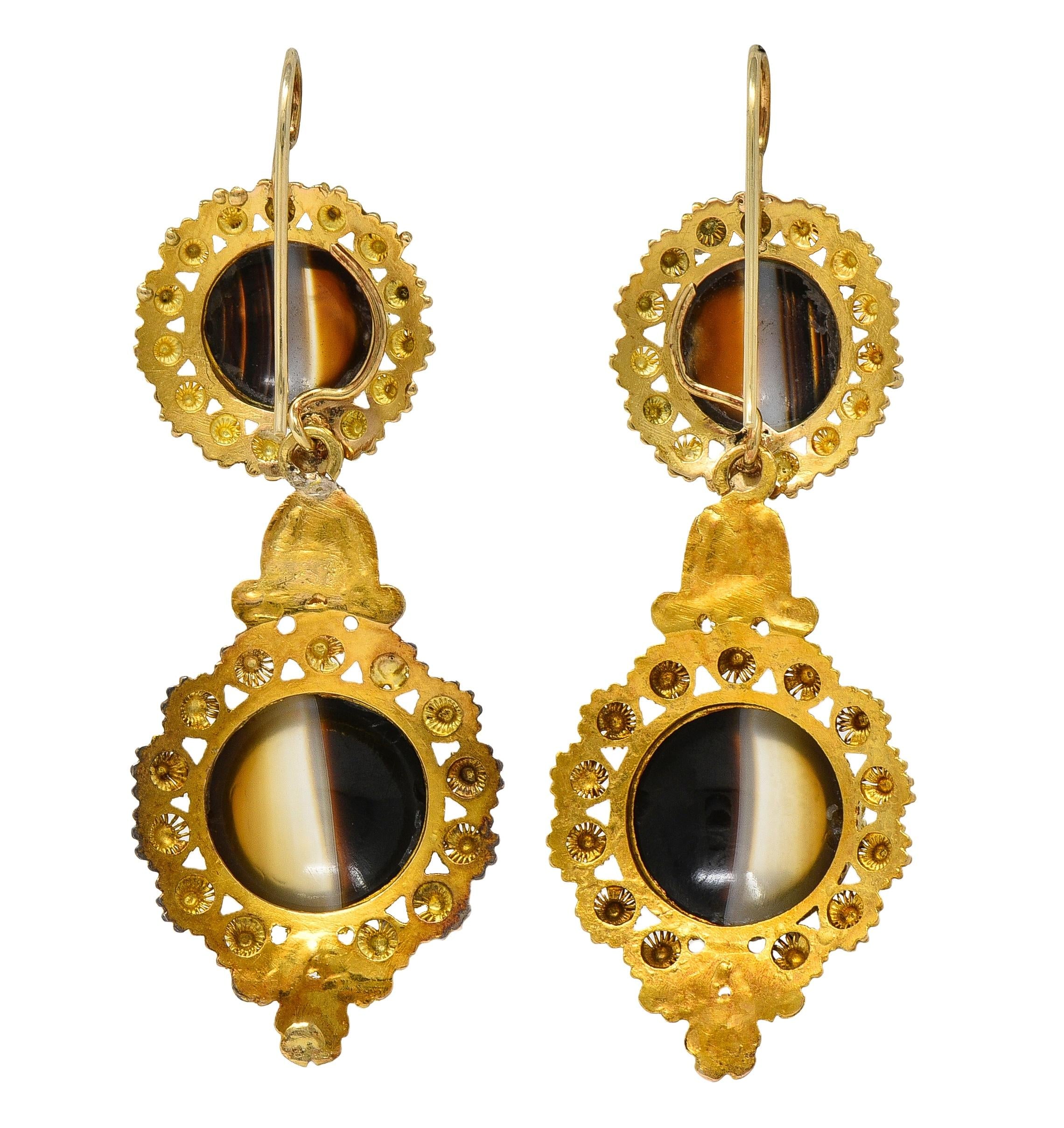 Victorian Etruscan Revival Banded Agate 18K Gold Antique Day-To-Night Earrings