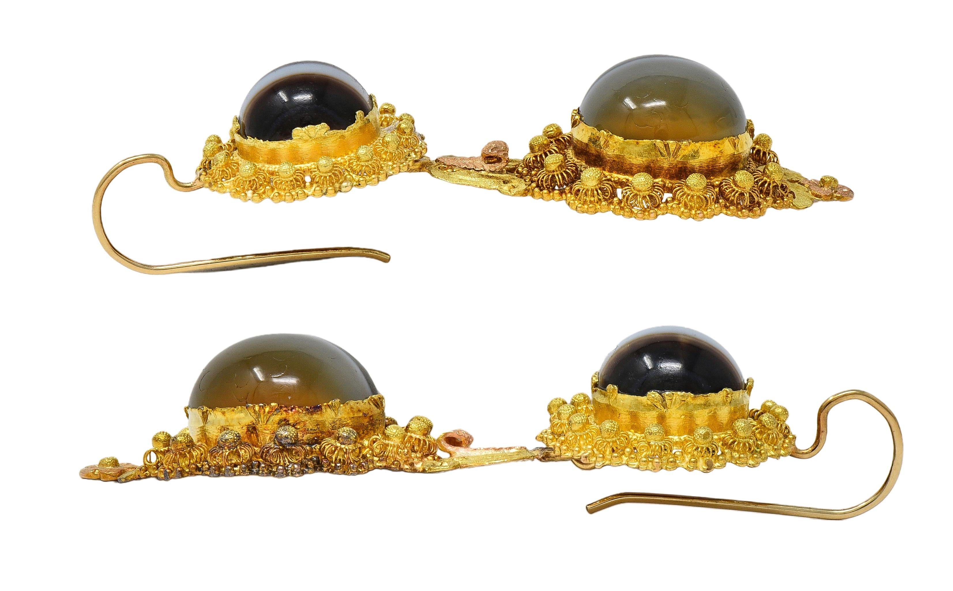 Victorian Etruscan Revival Banded Agate 18K Gold Antique Day-To-Night Earrings