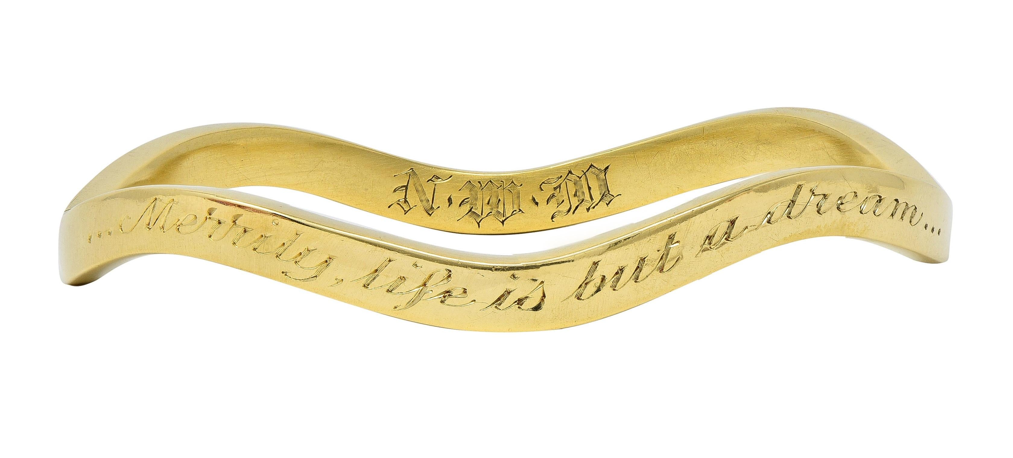 Tiffany & Co. 1980's 18 Karat Yellow Gold Vintage Inscribed Wave Bangle Bracelet