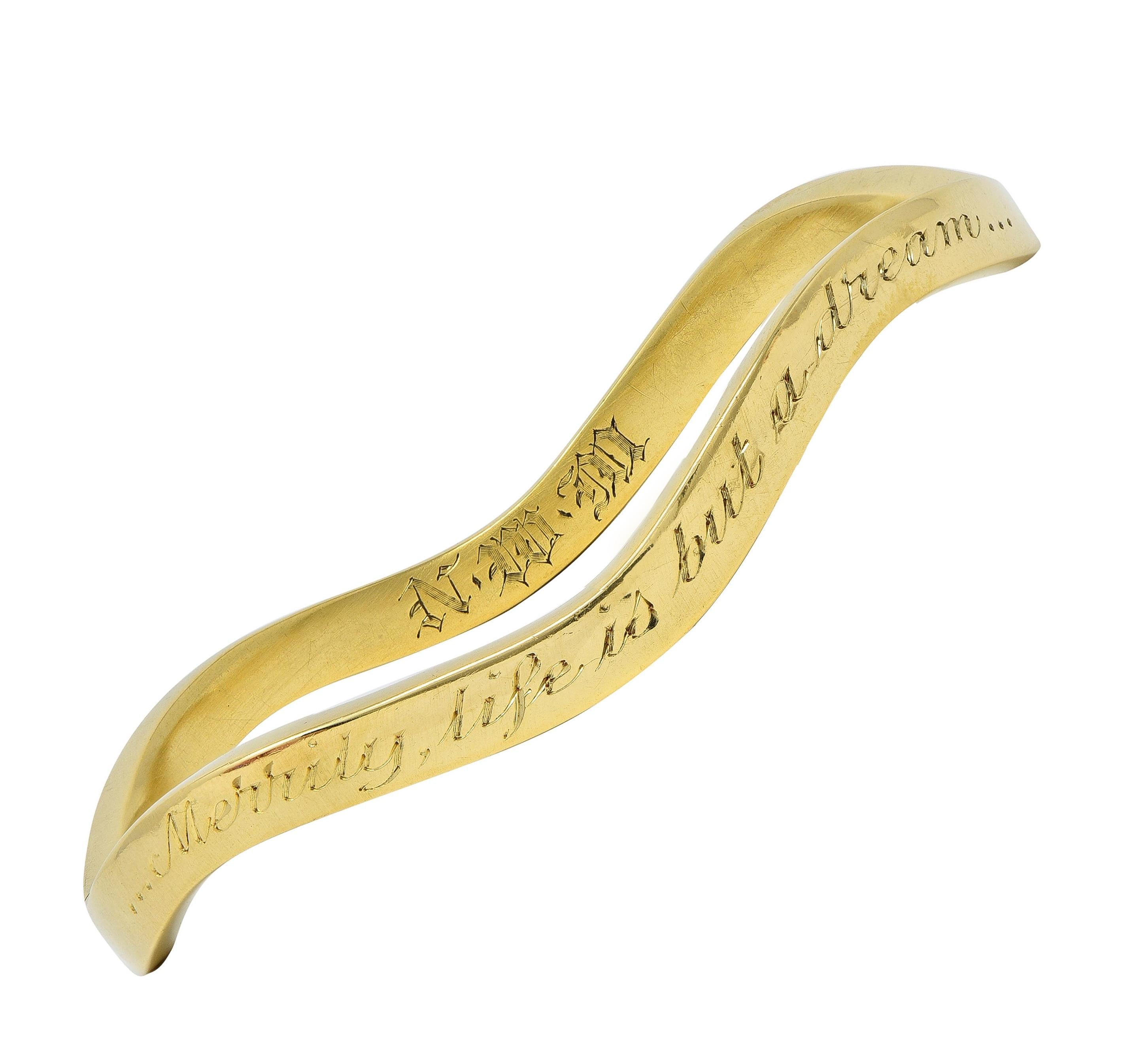 Tiffany & Co. 1980's 18 Karat Yellow Gold Vintage Inscribed Wave Bangle Bracelet
