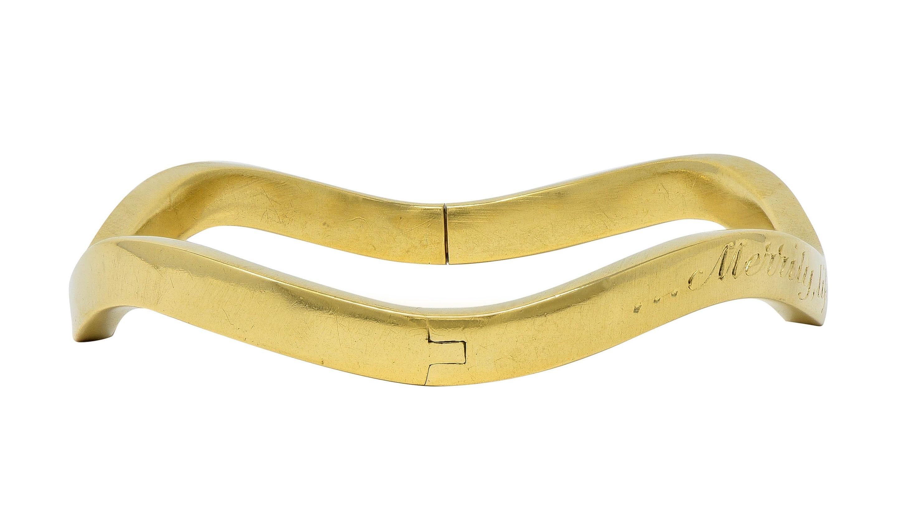 Tiffany & Co. 1980's 18 Karat Yellow Gold Vintage Inscribed Wave Bangle Bracelet