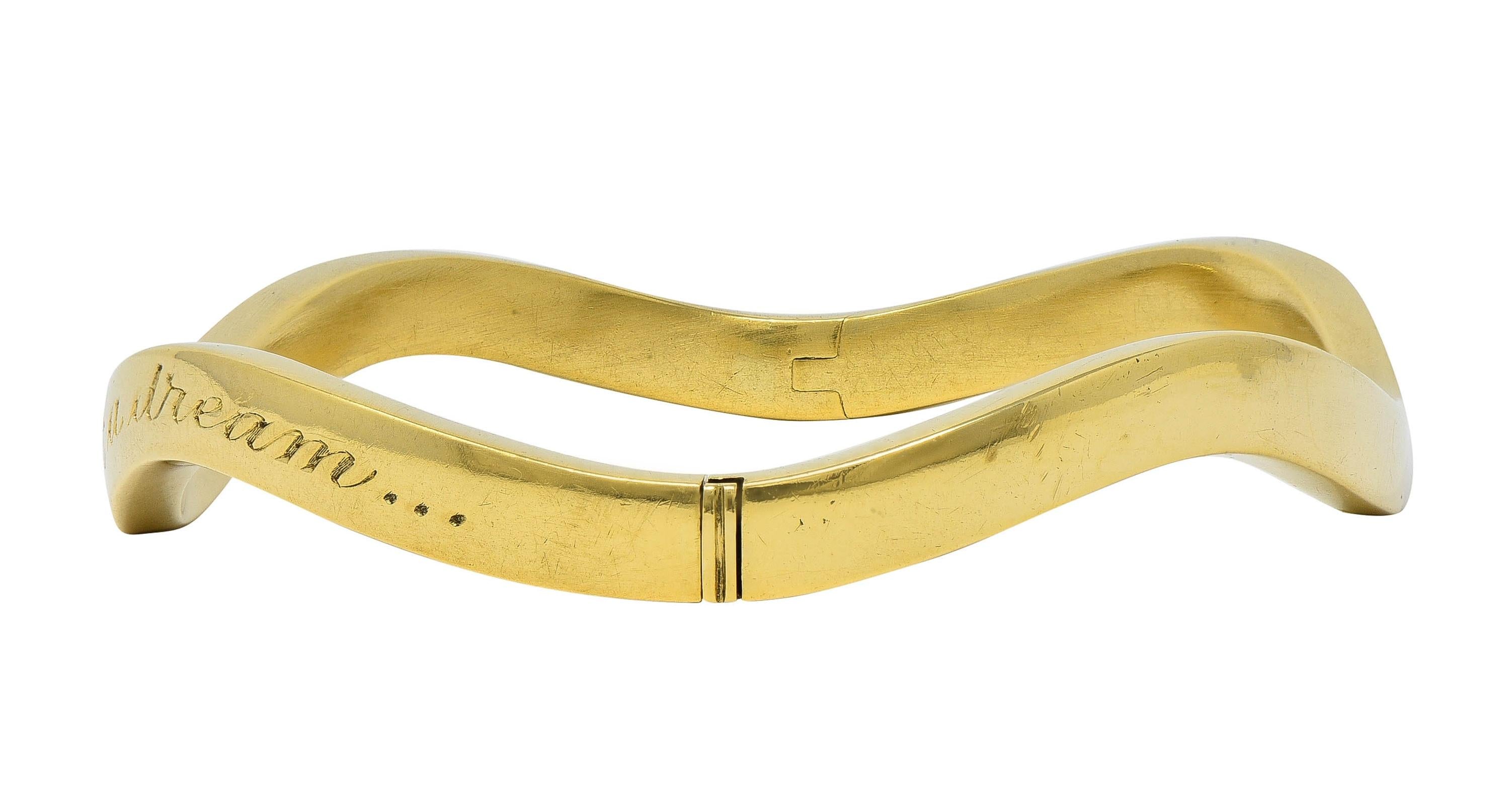 Tiffany & Co. 1980's 18 Karat Yellow Gold Vintage Inscribed Wave Bangle Bracelet
