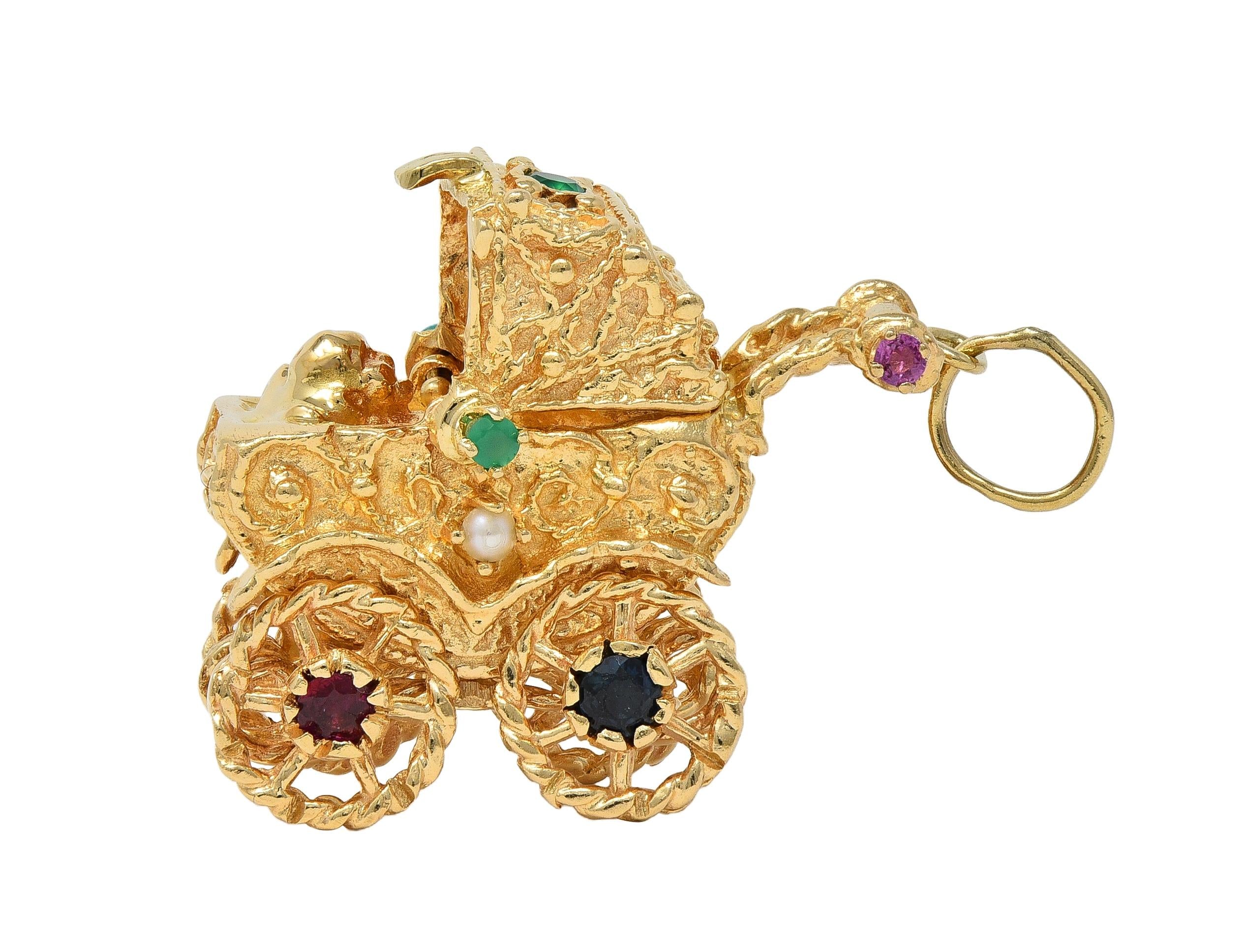 1960's Multi-Gem 14 Karat Yellow Gold Vintage Baby Carriage Charm