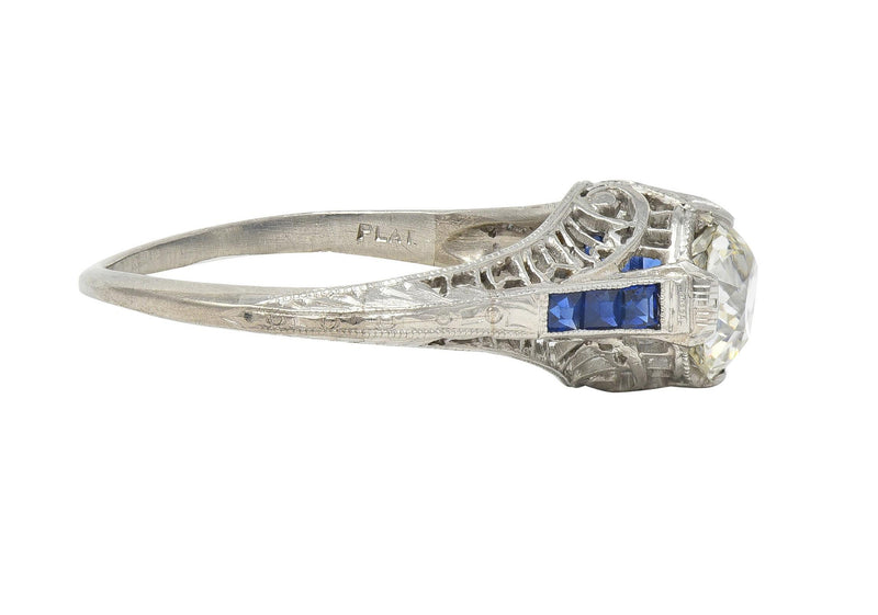 Art Deco 1.52 CTW Old Mine Cut Diamond Sapphire Platinum Vintage Engagement Ring