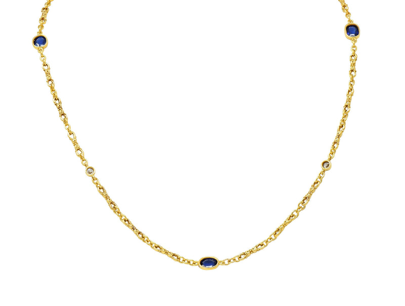 Victorian 3.94 CTW Sapphire Diamond 18 Karat Yellow Gold Link Antique Necklace