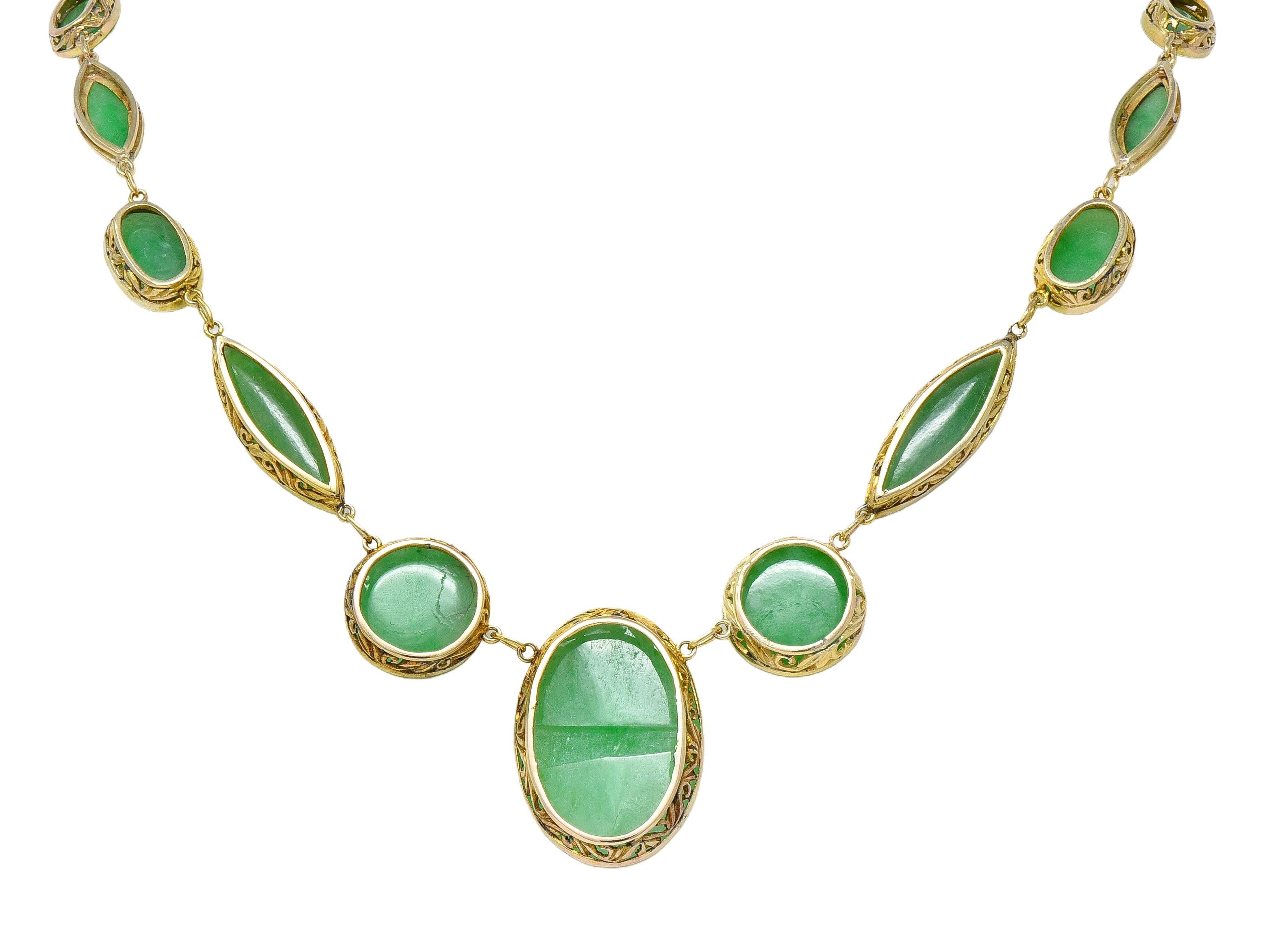 Late Victorian Jade 14 Karat Yellow Gold Antique Floral Fancy Link Drop Necklace