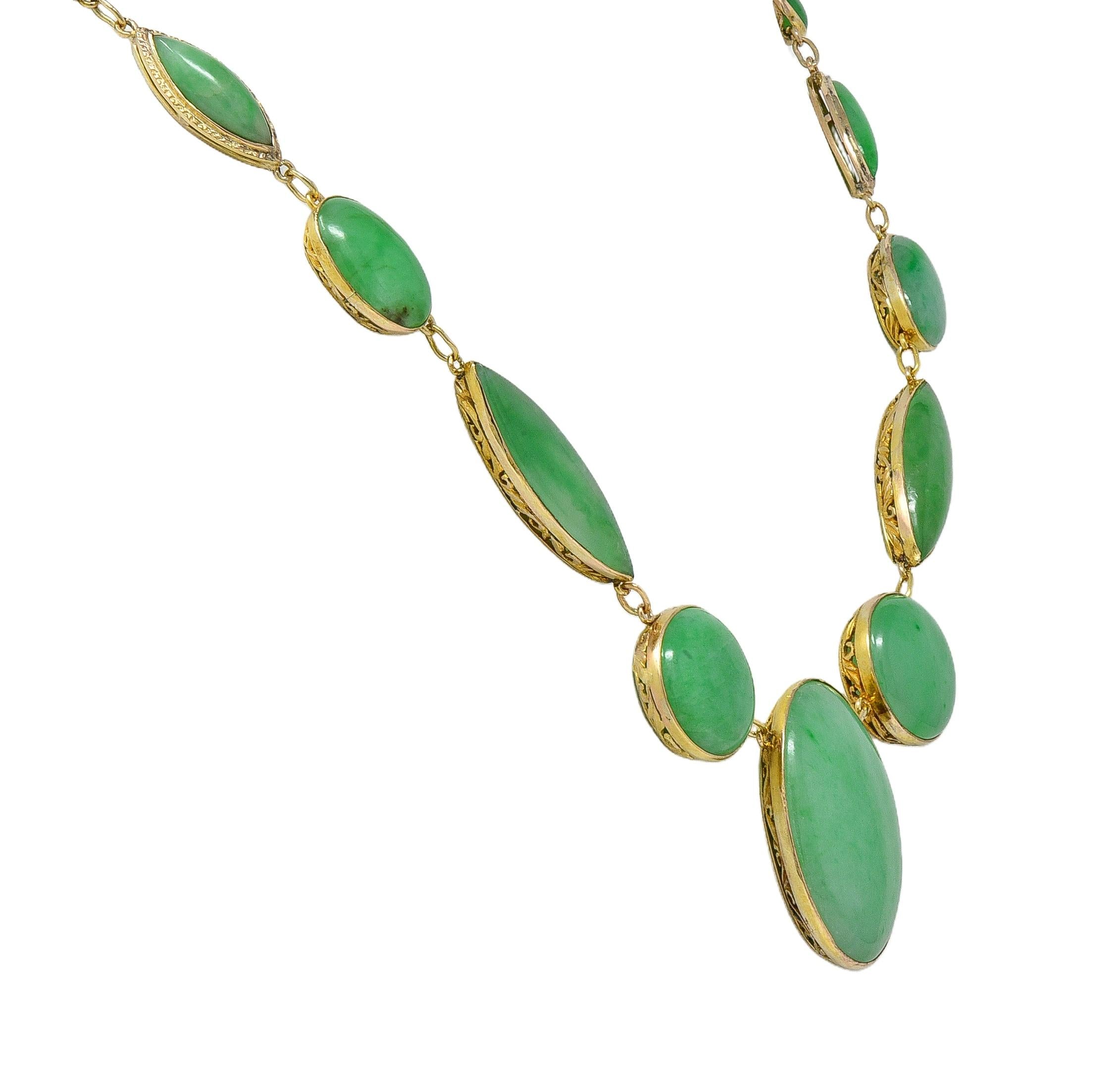 Late Victorian Jade 14 Karat Yellow Gold Antique Floral Fancy Link Drop Necklace