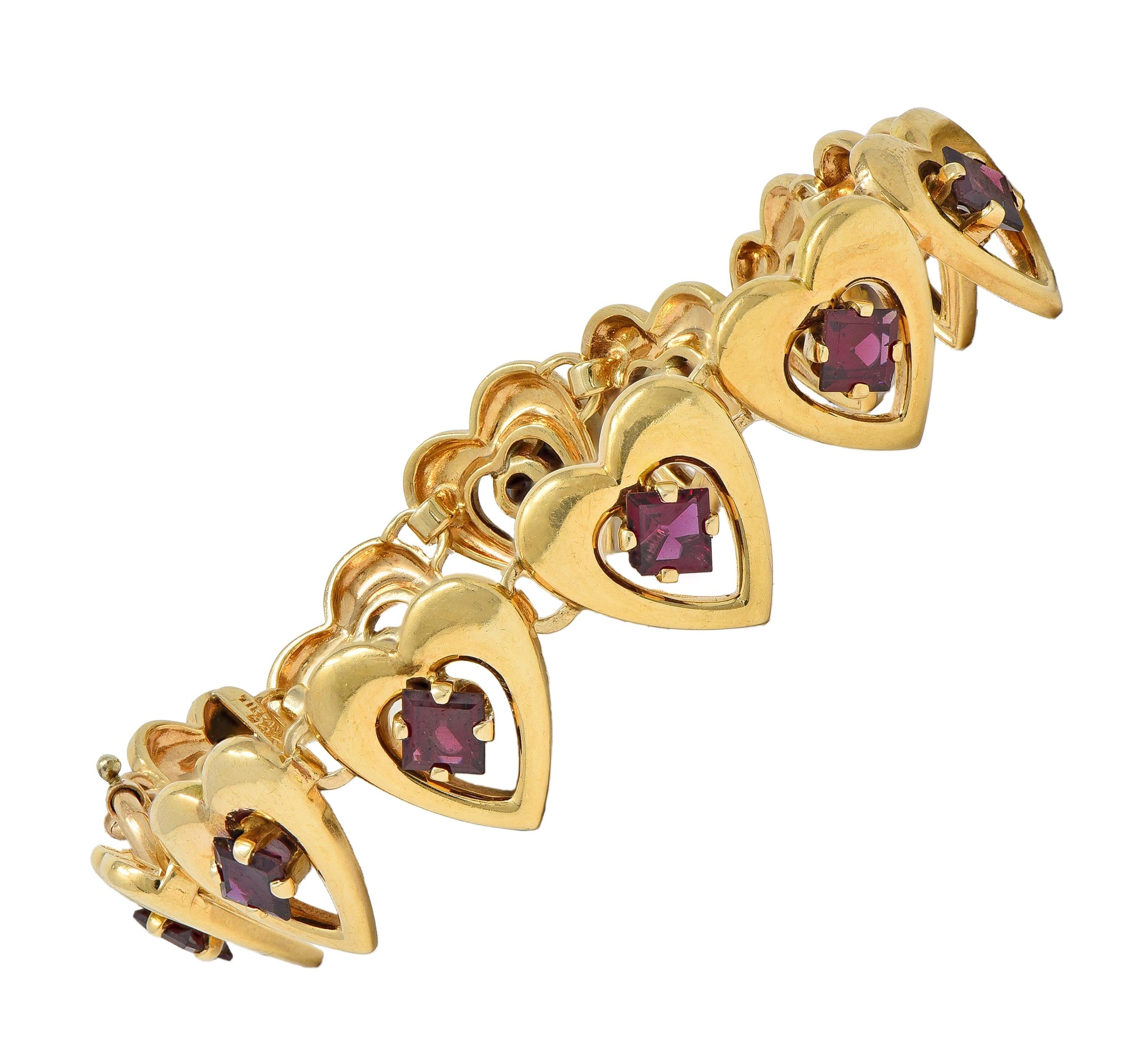 Tiffany & Co. Retro 1940's Garnet 14 Karat Yellow Gold Vintage Heart Bracelet