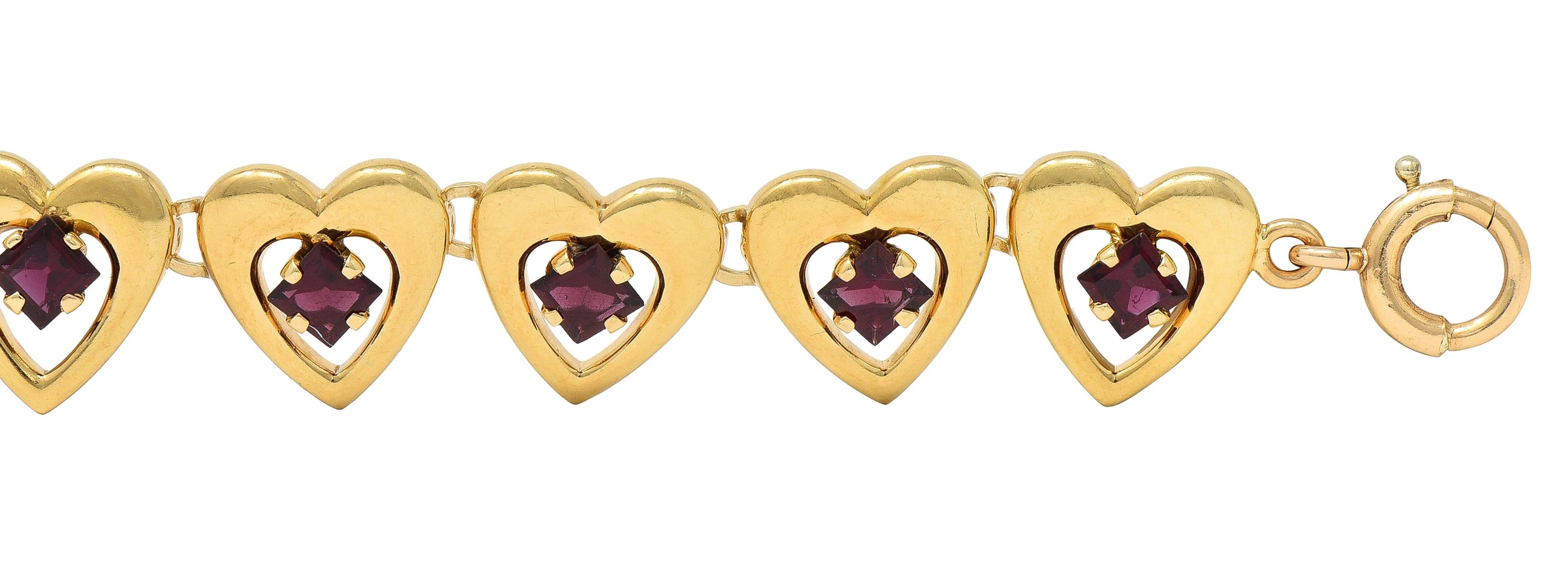 Tiffany & Co. Retro 1940's Garnet 14 Karat Yellow Gold Vintage Heart Bracelet