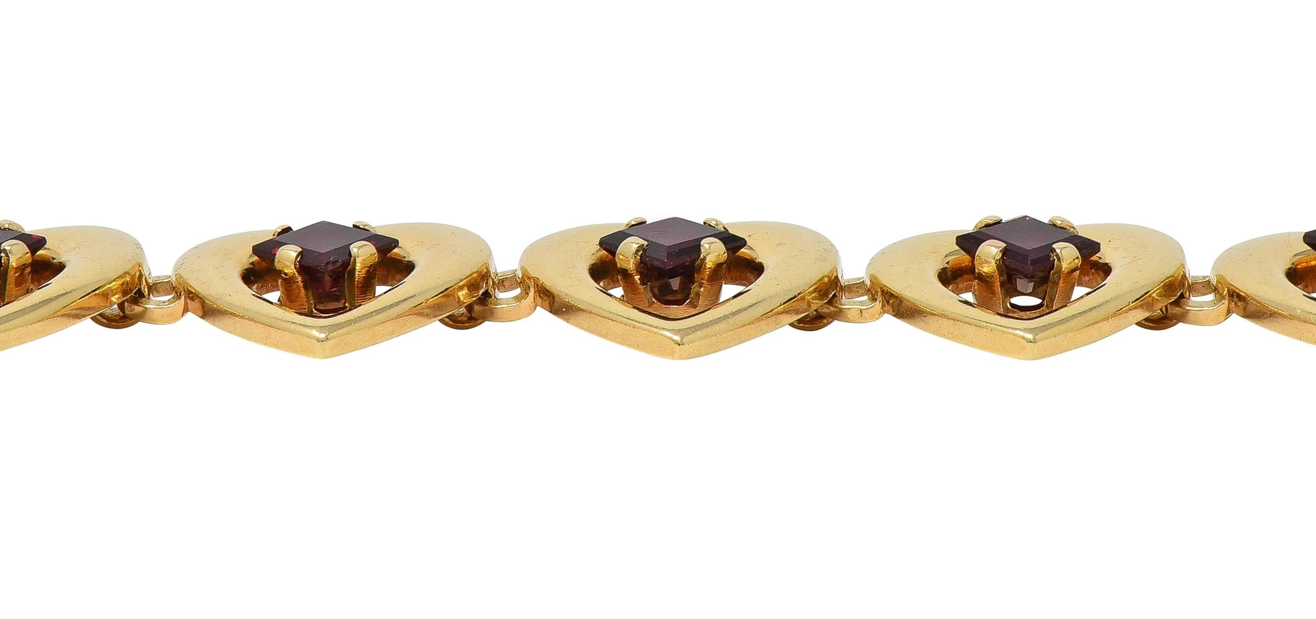 Tiffany & Co. Retro 1940's Garnet 14 Karat Yellow Gold Vintage Heart Bracelet