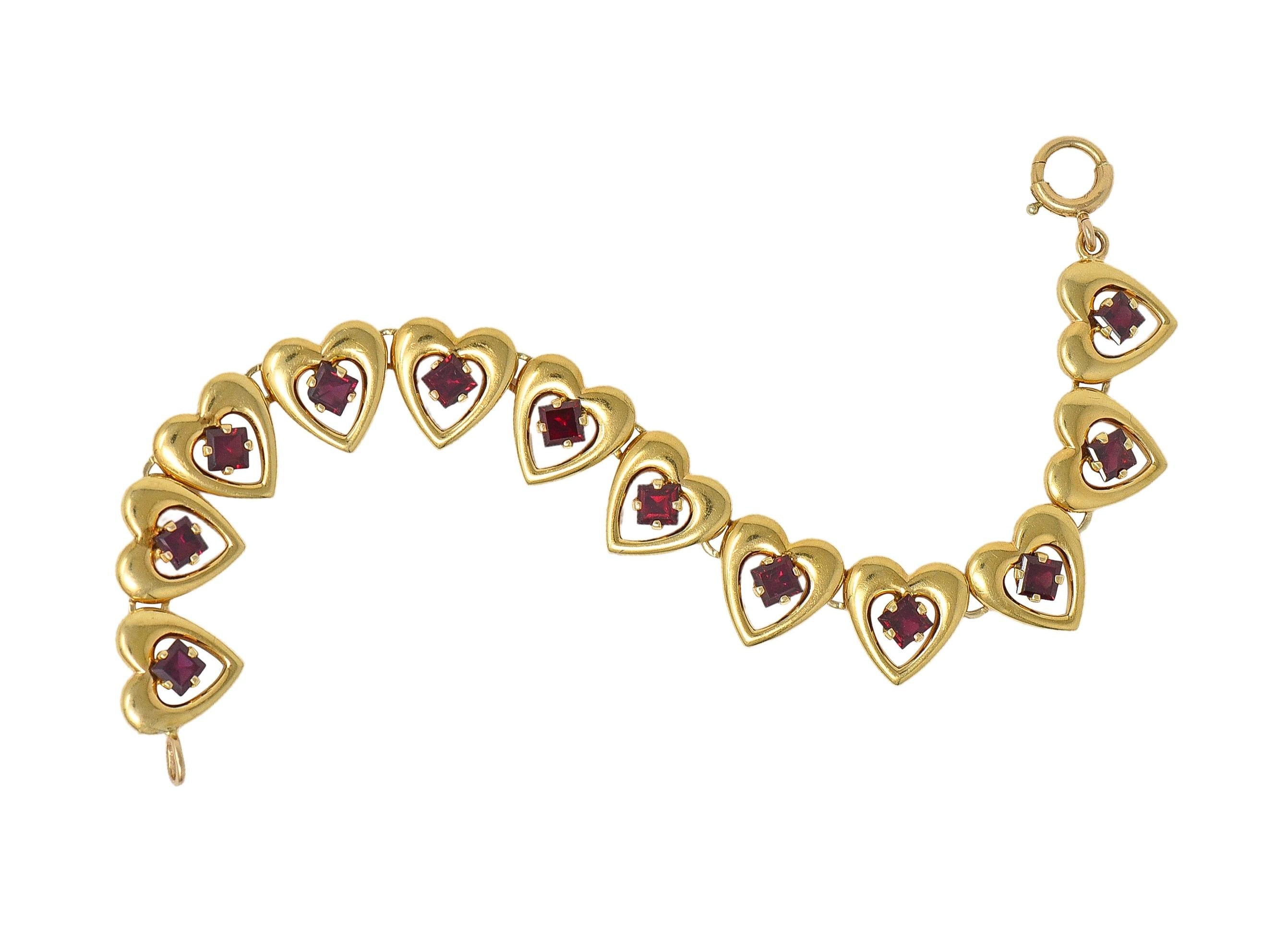 Tiffany & Co. Retro 1940's Garnet 14 Karat Yellow Gold Vintage Heart Bracelet