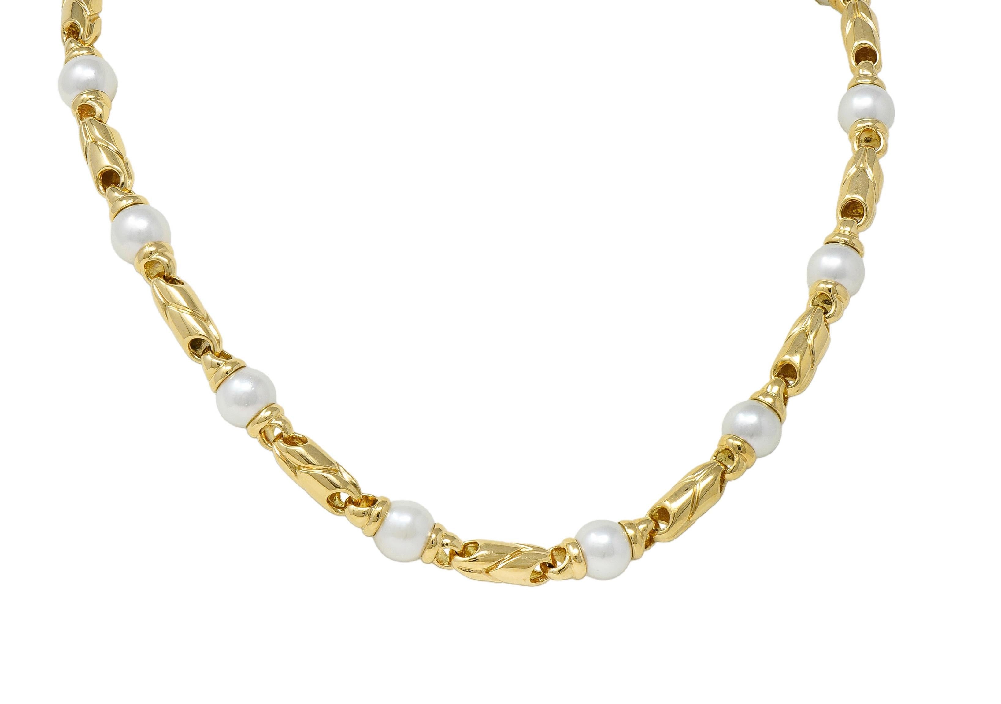 Bulgari 1980's Cultured Pearl 18K Gold Vintage Passo Doppio Link Necklace