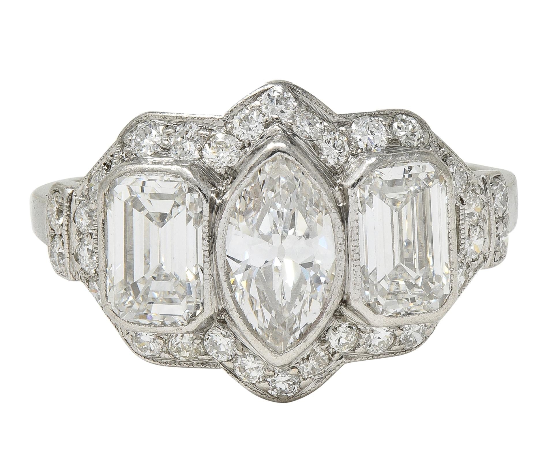 Art Deco 2.87 CTW Marquise Cut Diamond Platinum Vintage Halo Engagement Ring