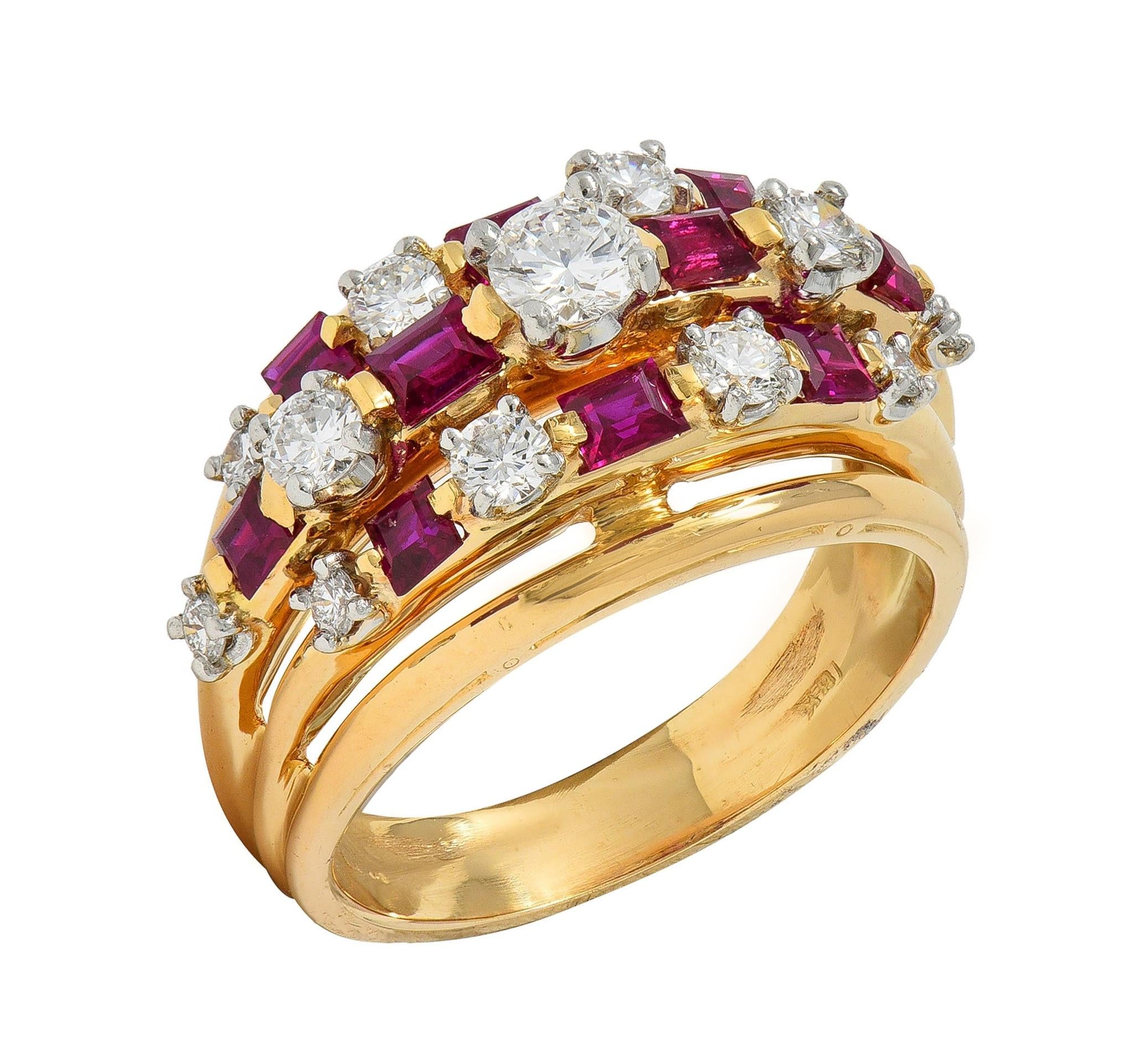 Vintage Ruby Diamond 18 Karat Yellow Gold Domed Cocktail Ring