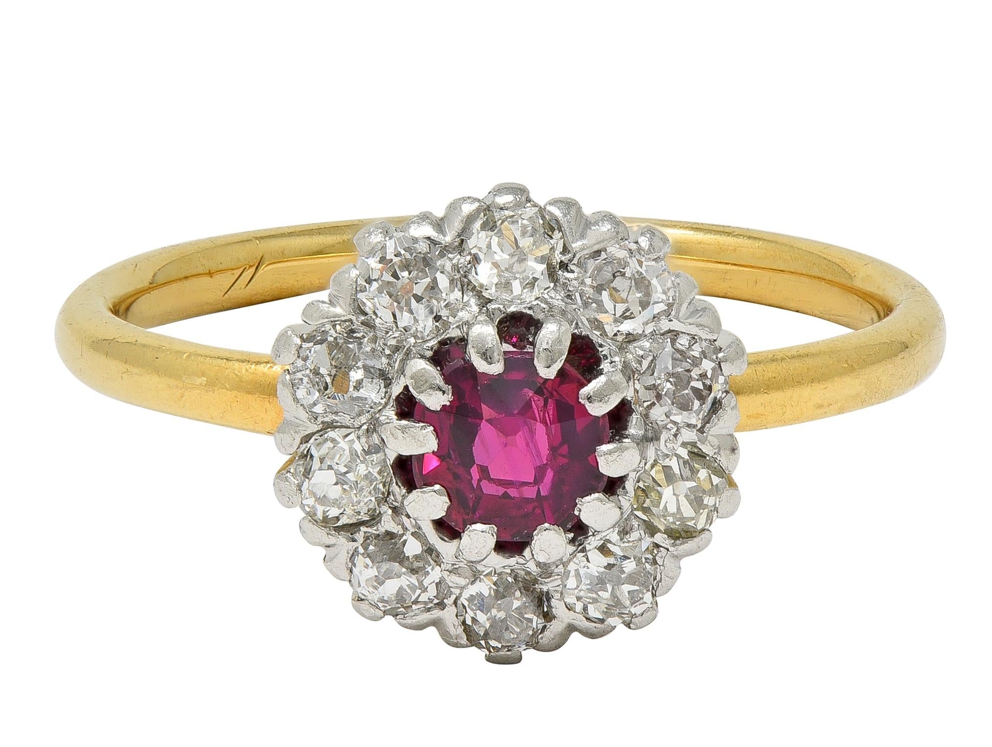 Edwardian Ruby Old Mine Diamond Platinum 18 Karat Yellow Gold Antique Halo Ring