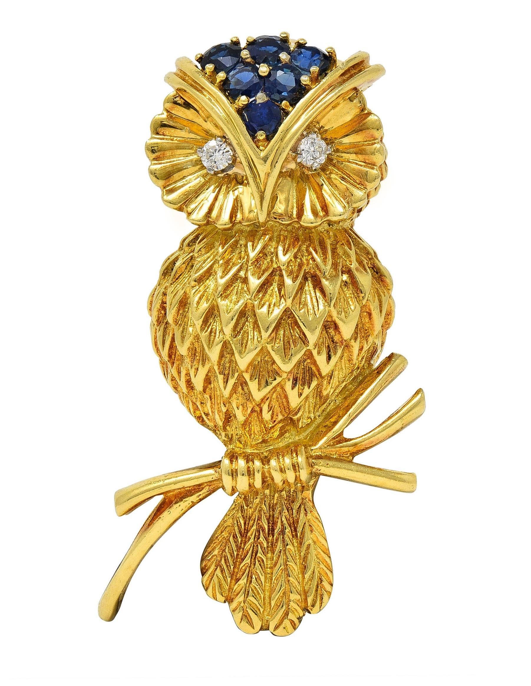 Tiffany & Co. 1950's Sapphire Diamond 18K Gold Vintage Owl Brooch