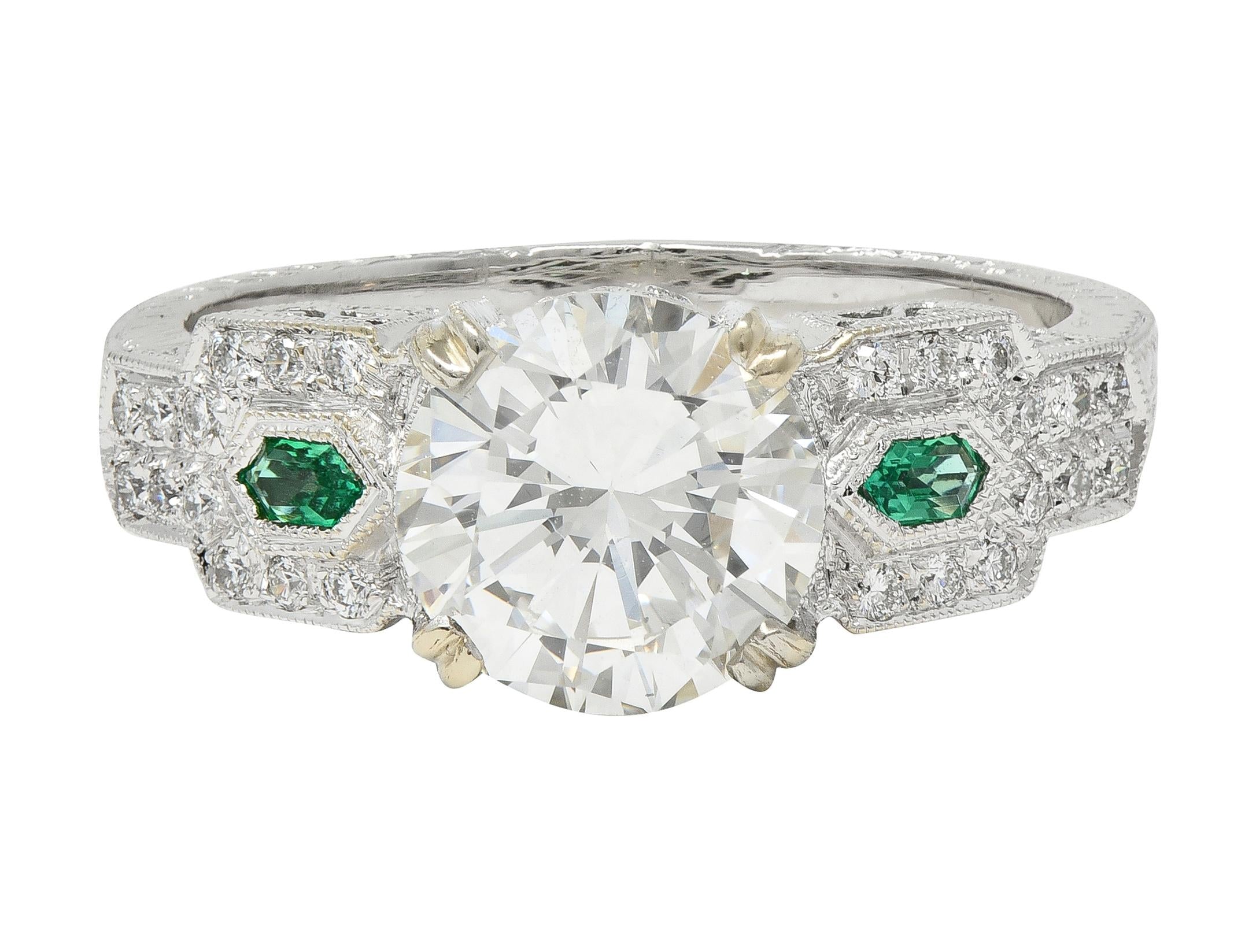 2.21 CTW Old European Diamond Emerald 18 Karat White Gold Engagement Ring GIA