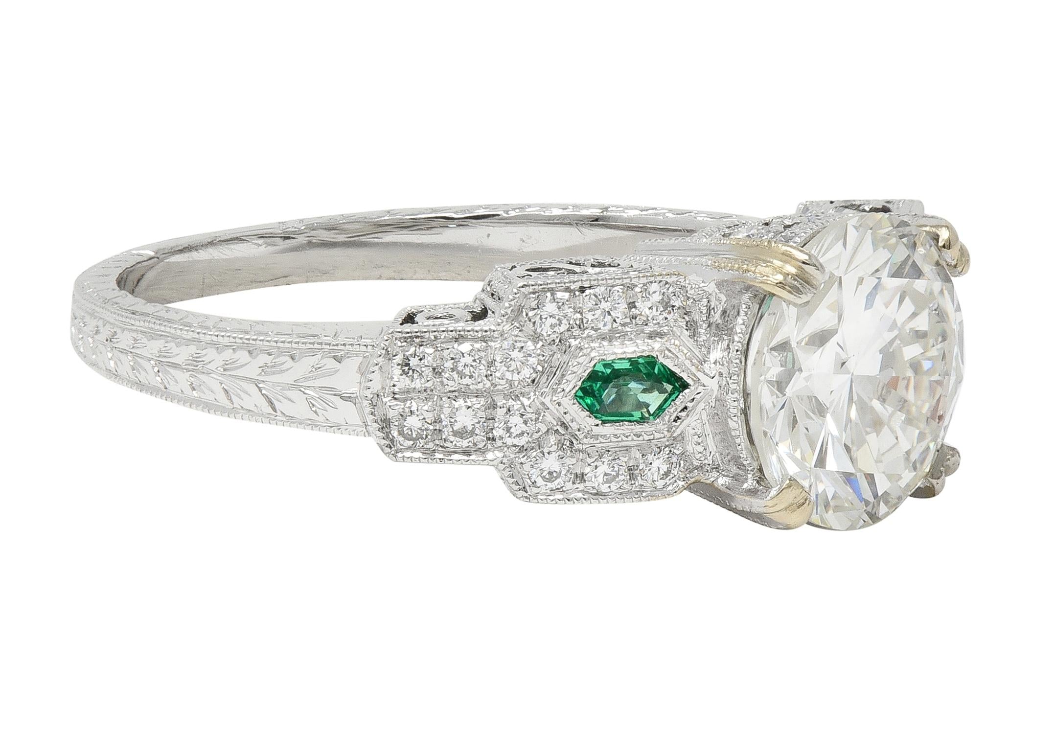 2.21 CTW Old European Diamond Emerald 18 Karat White Gold Engagement Ring GIA