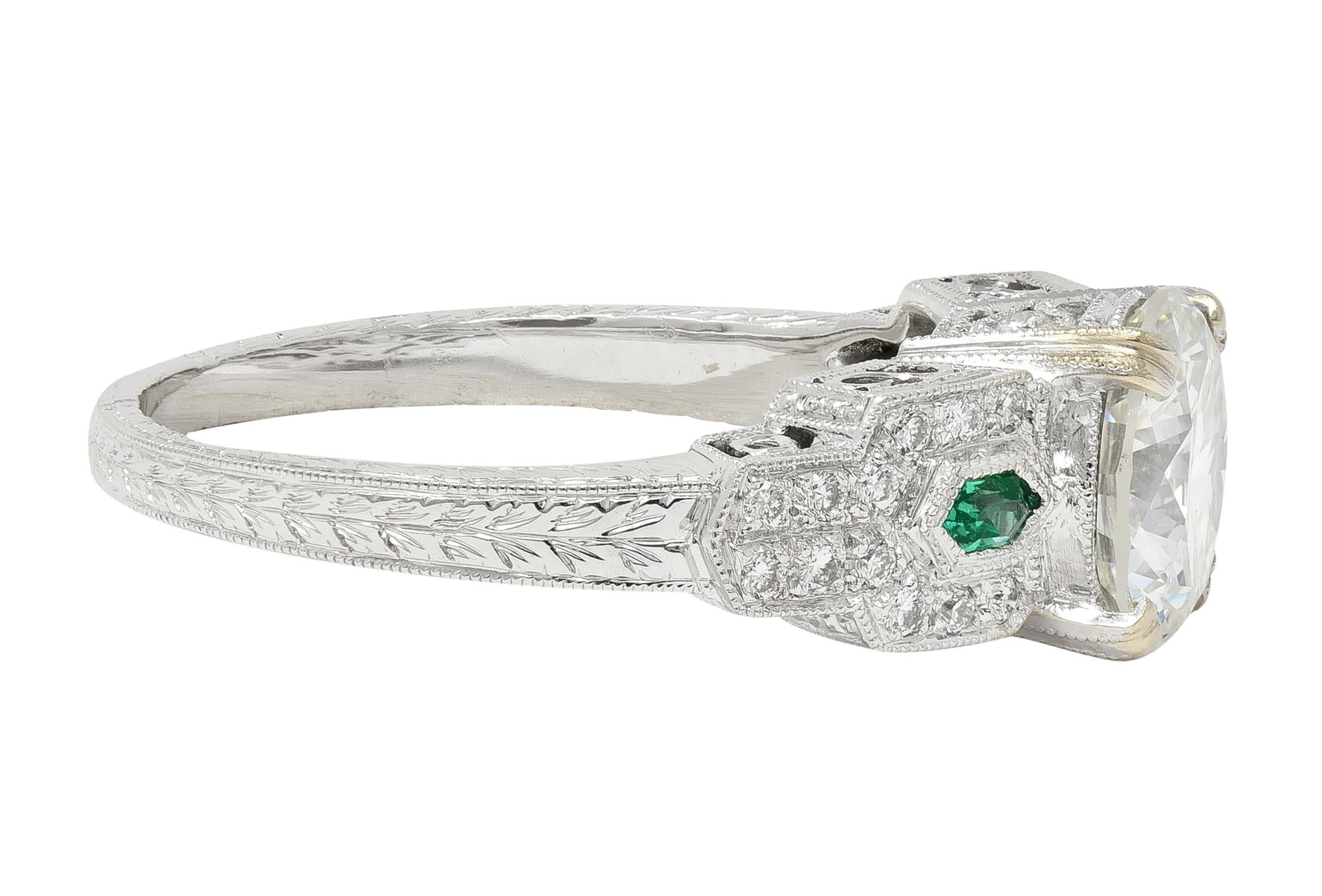 2.21 CTW Old European Diamond Emerald 18 Karat White Gold Engagement Ring GIA